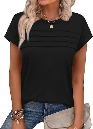 ELFIN Womens Summer Tops Short Sleeve Cap T Shirts Loose Fit Crew Neck Pleated Front Beach Fashion Tshirt