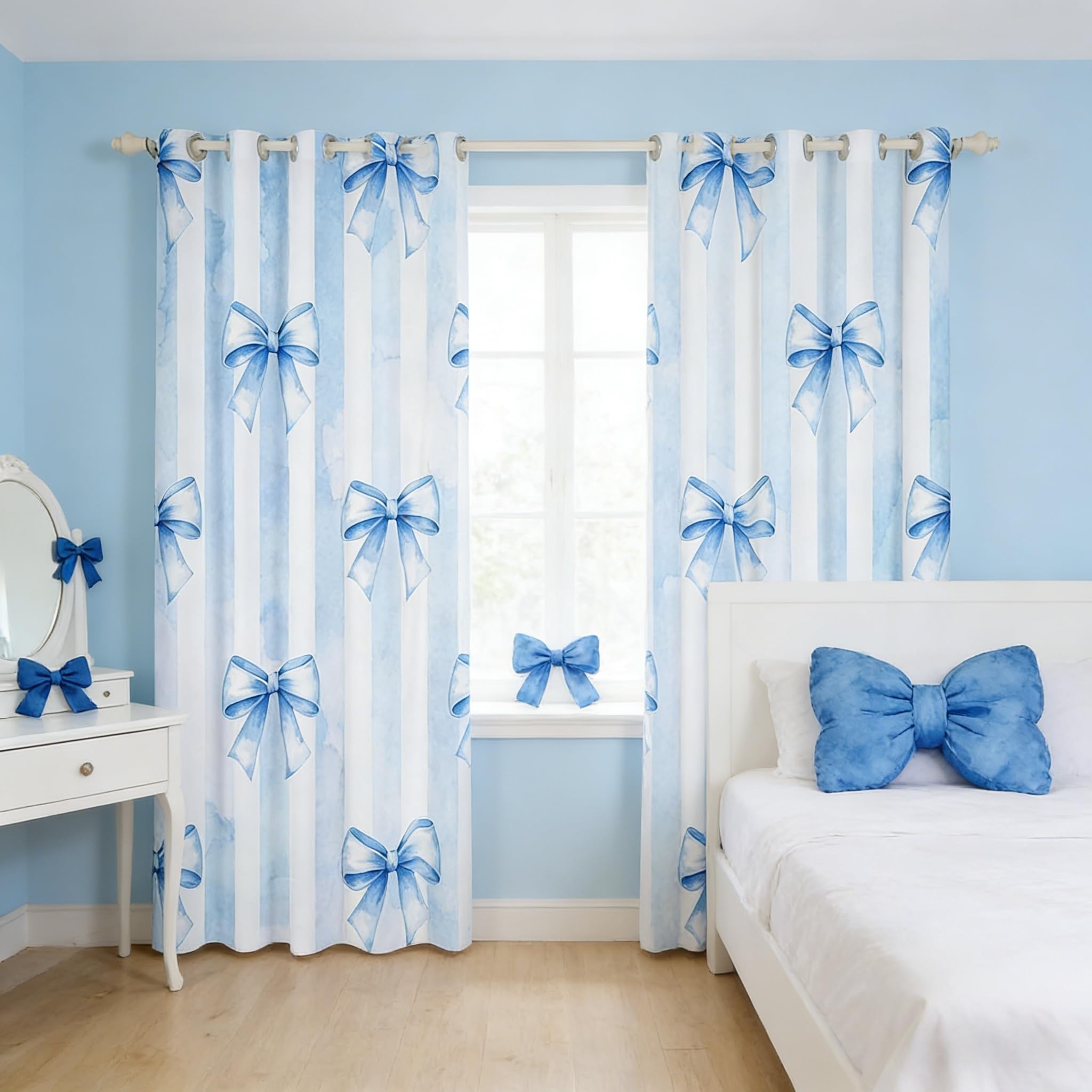 Blue Bowknot Kids Blackout Curtains,Geometric Stripes Bow Tie Patchwork Dreamy Window Drapes for Girls Women,Butterfly Knot Princess Cute Chic Window Treatments Grommet Top 2 Panel Set,46Wx54L inch — image 1
