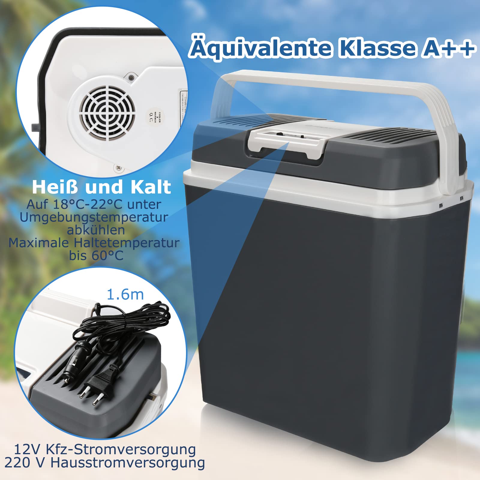 Randaco Nevera Eléctrica Portátil, 24 litros Mini nevera portátil de 230 V y 12 V para vehículos coches camping, Enfría y calienta, Refrigerador Pequeño Portátil, Gris
