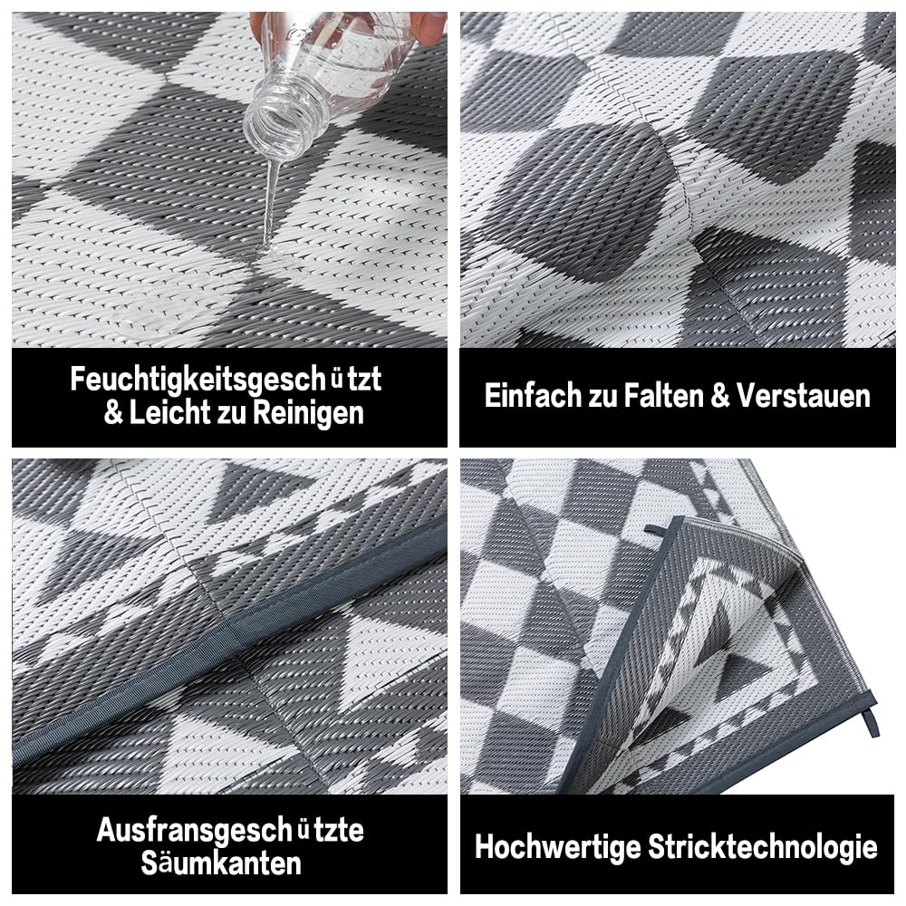 PureCozy Outdoor Teppich Wetterfest,180x270cm Wendbarer Balkon Camping Teppiche, UV-Beständige Outdoorteppich Carpet rutschfest für Garten Balkon Camping Terrassen, Grau