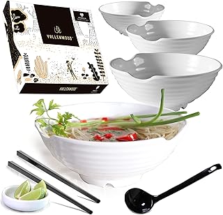 4 XL White Pho Bowls set. 16 Pieces Pho Bowl Set for Asian Noodle Dishes, 52 oz Restaurant Quality Melamine. Perfect for Ramen, Curry, Udon, Thai. Includes Spoons, Chopsticks And Sauce Dishes.