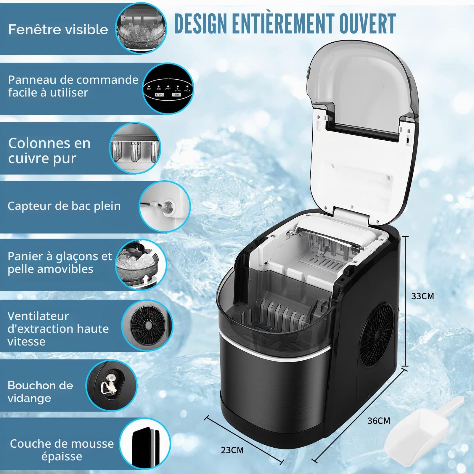 Machine à Glaçons, Machine a Glaçons 12kg en 24h, 9 Glaçons par 6 Min, Fenêtre Panoramique Visible, Machine à Glace avec Pelle à Glace et Panie, Silencieuse avec Fonction Autonettoyante