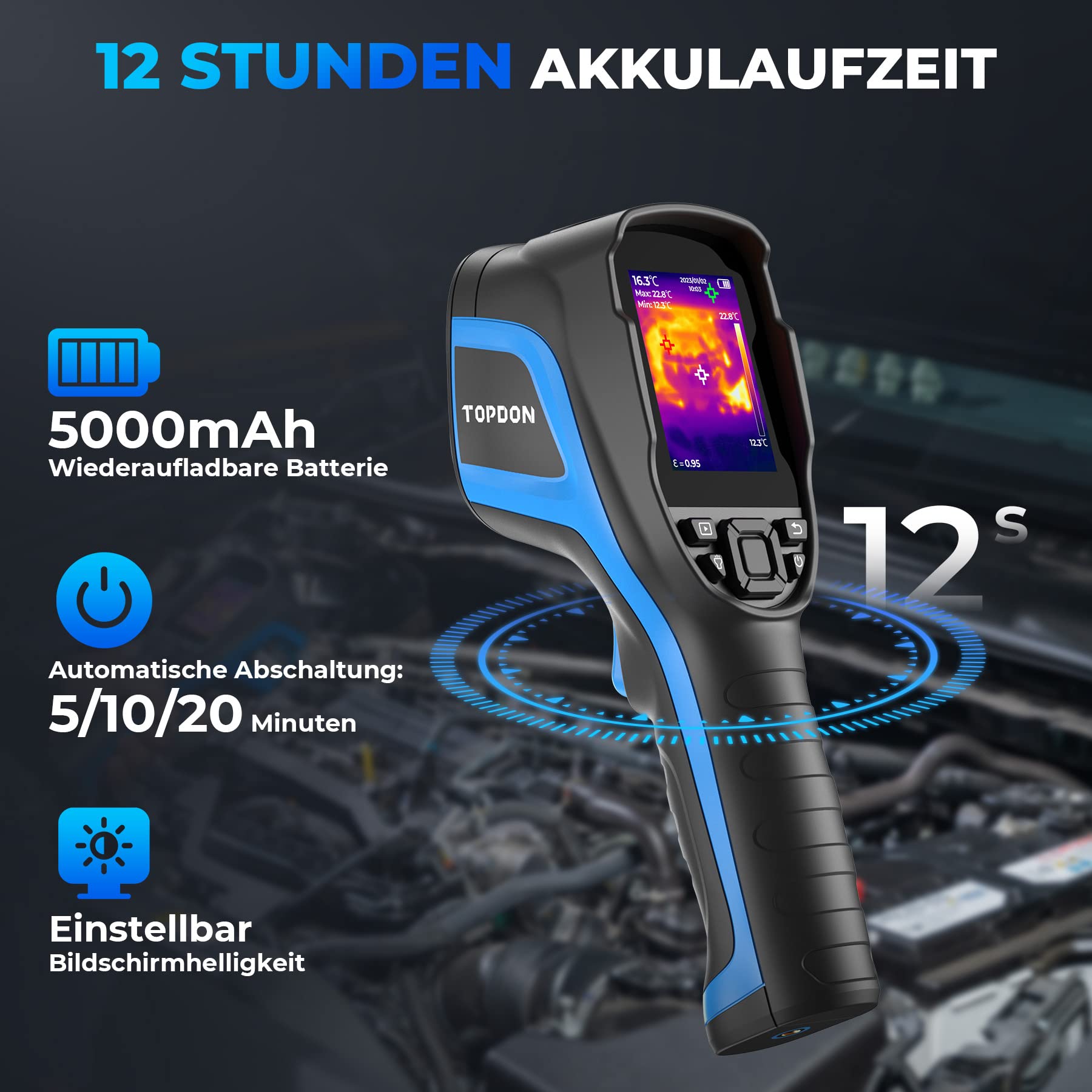 TOPDON TC004 Wärmebildkamera, 320x240 TISR Auflösung Infrarot Kamera, 12 Stunden Akkulaufzeit Thermal Camera mit Videoaufzeichnung und PC-Analyse, 16GB SD-Karte, Temperaturbereich –20°C bis +350°C