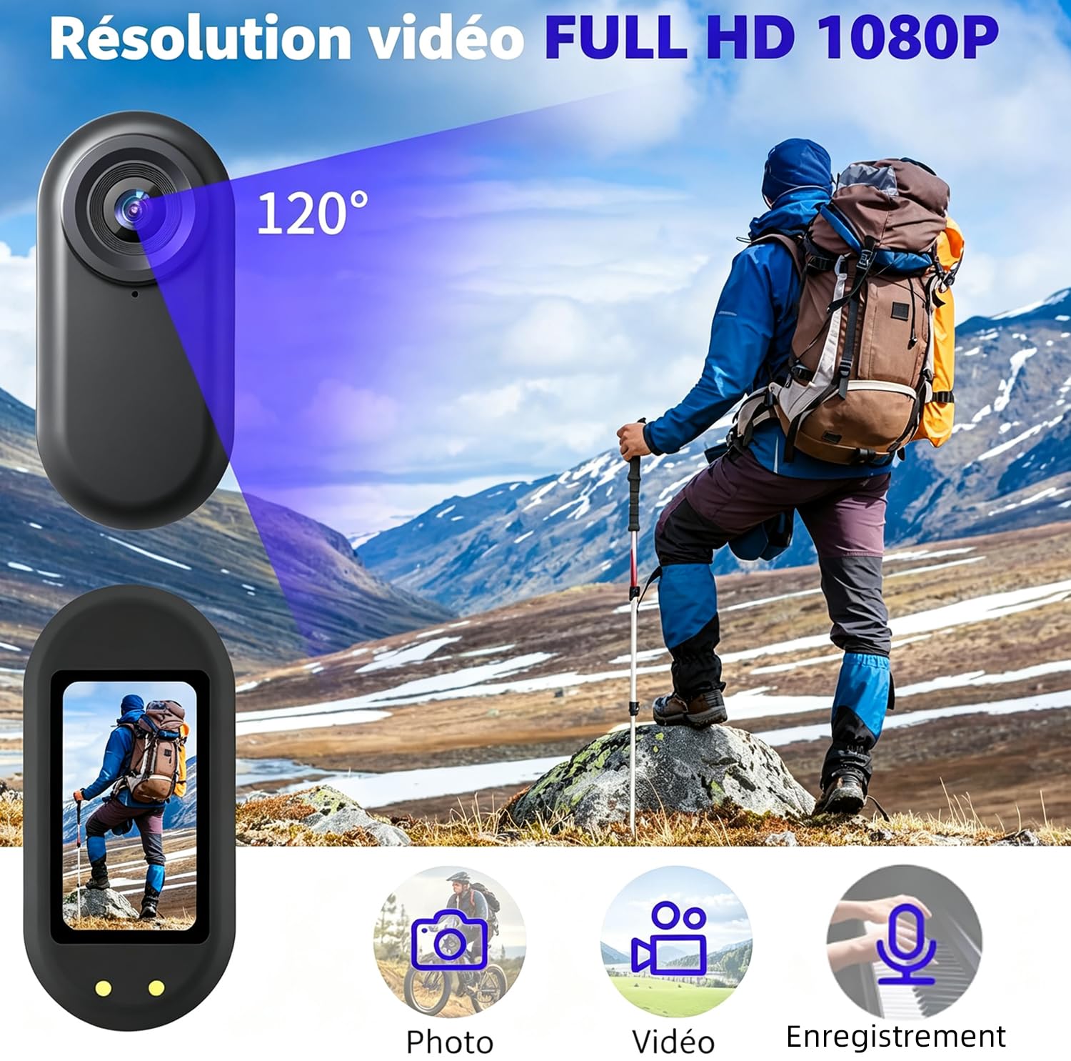 Caméra Mini 1080P, caméra Sport Portable avec 128 Go de Stockage, boîtier de Charge magnétique, POV en Taille Poing, Support magnétique, pour Le vlogging, Enregistrement Quotidien en Voyage