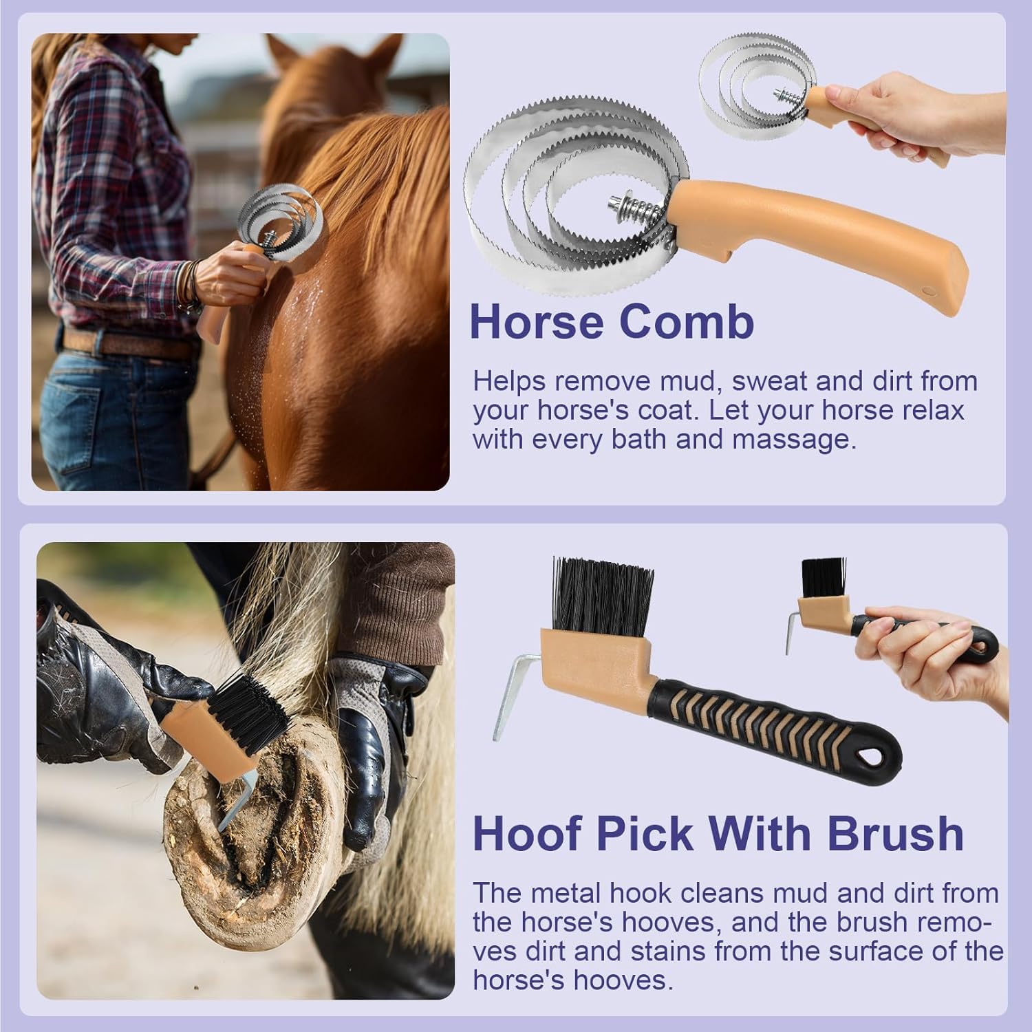 Kit de aseo de caballos, 13 cepillos profesionales para el cuidado de caballos con bolsa organizadora, peine de curry, púa de pezuña, juego de cepillos para caballos para una limpieza eficaz, regalo