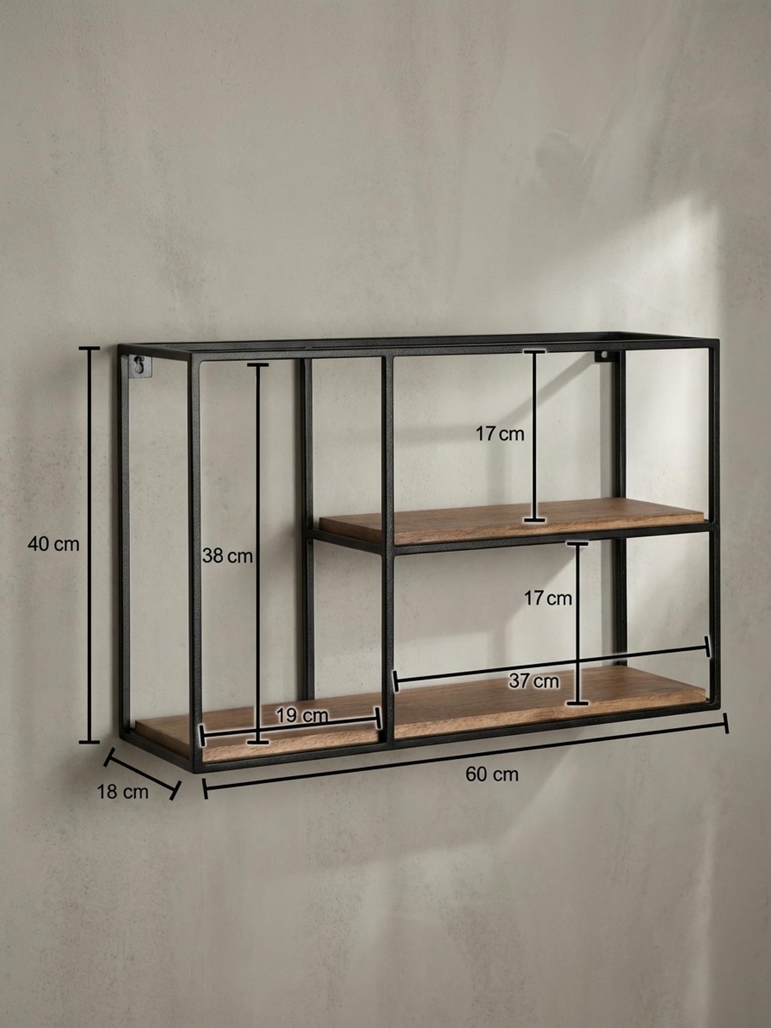 Wandregal 60x40x18 cm Mango Massivholz/Metall Hängeregal Rechteckig | Kleines Design Schweberegal Industrial | Regal Hängend Wohnzimmer | Bücherregal Wand