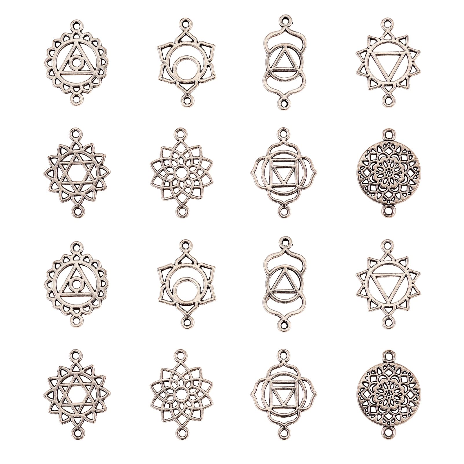 Stiesy 80Pcs Antique Silver Chakra Charms Links Vintage Indian Energy Connector Charm Bulk Hollow Flower Tibetan Pendants for Jewellery Making DIY Craft Necklace Bracelet (8 Styles)