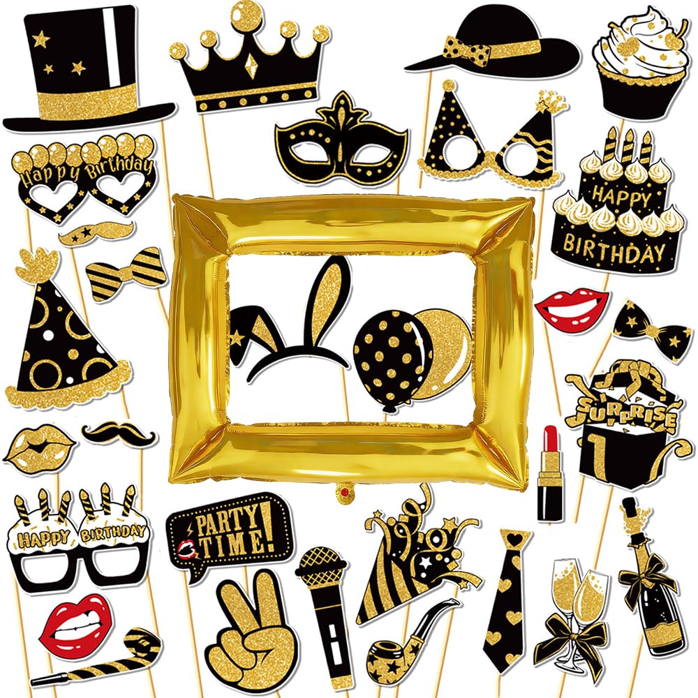 Photo Booth Props Black Gold - 31 Piece Birthday Party Decorations Set with Metallic Selfie Frame & Photo Backdrop Accessories for Adult Women Men