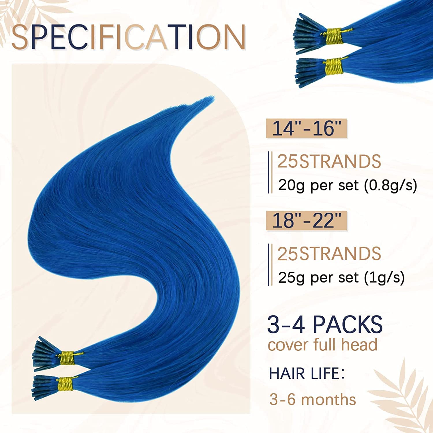 RUNATURE Blue Keratin I Tip Hair Extensions Real Human Hair Blue I Tip Real Remy Hair Extensions 14 Inch 20 Gram - Image 3