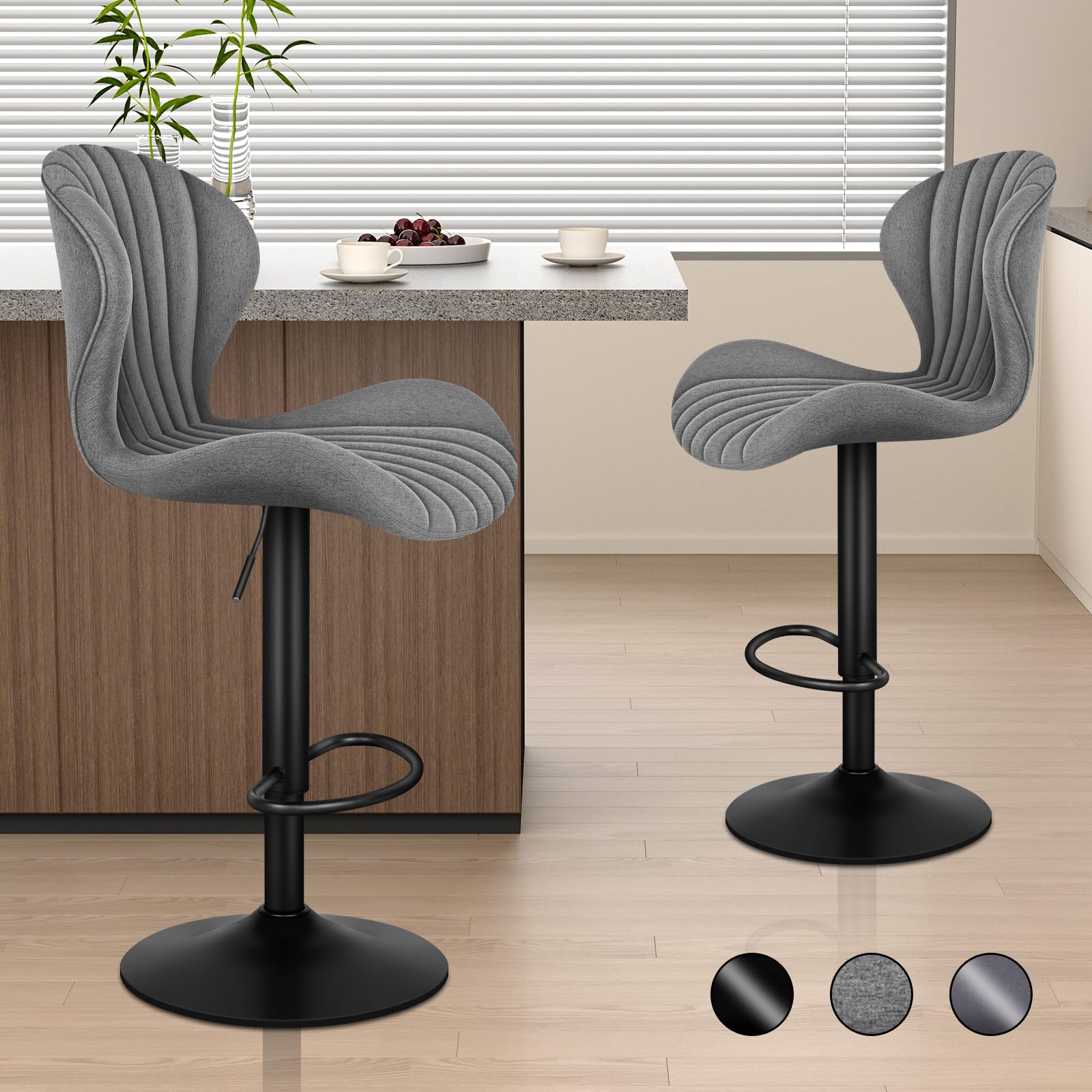 ALFORDSON Juego de 2 taburetes de bar giratorios Comptoir de altura con respaldo, taburetes de bar de tela de altura ajustable, modernos taburetes de cocina sin reposabrazos (tela, gris)