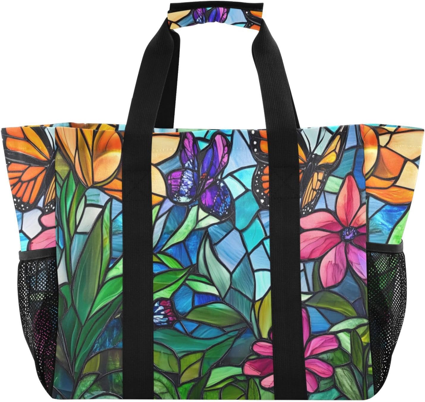 Butterfly Floral Stain Glass Large Tote Bags for Women Canvas Tote Purse Reusable Grocery Bags Top Handle Handbags for Travel, Work