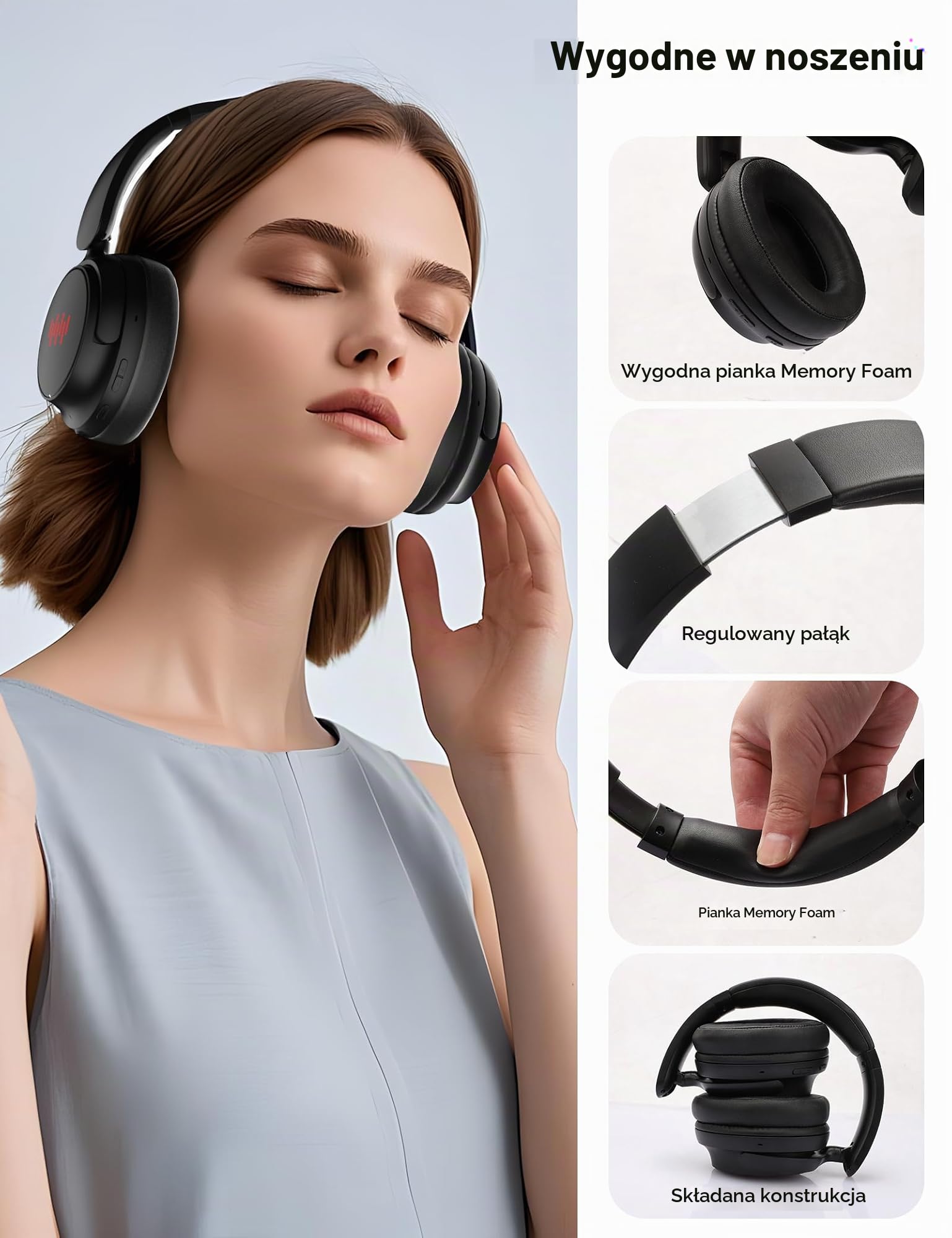 Słuchawki Bluetooth Over Ear, Hybrid Active Noise Cancelling, 20 godzin odtwarzania w trybie ANC, Hi-Res Audio głęboki bas, lekkie składane bezprzewodowe słuchawki z torbą do przenoszenia telefonów