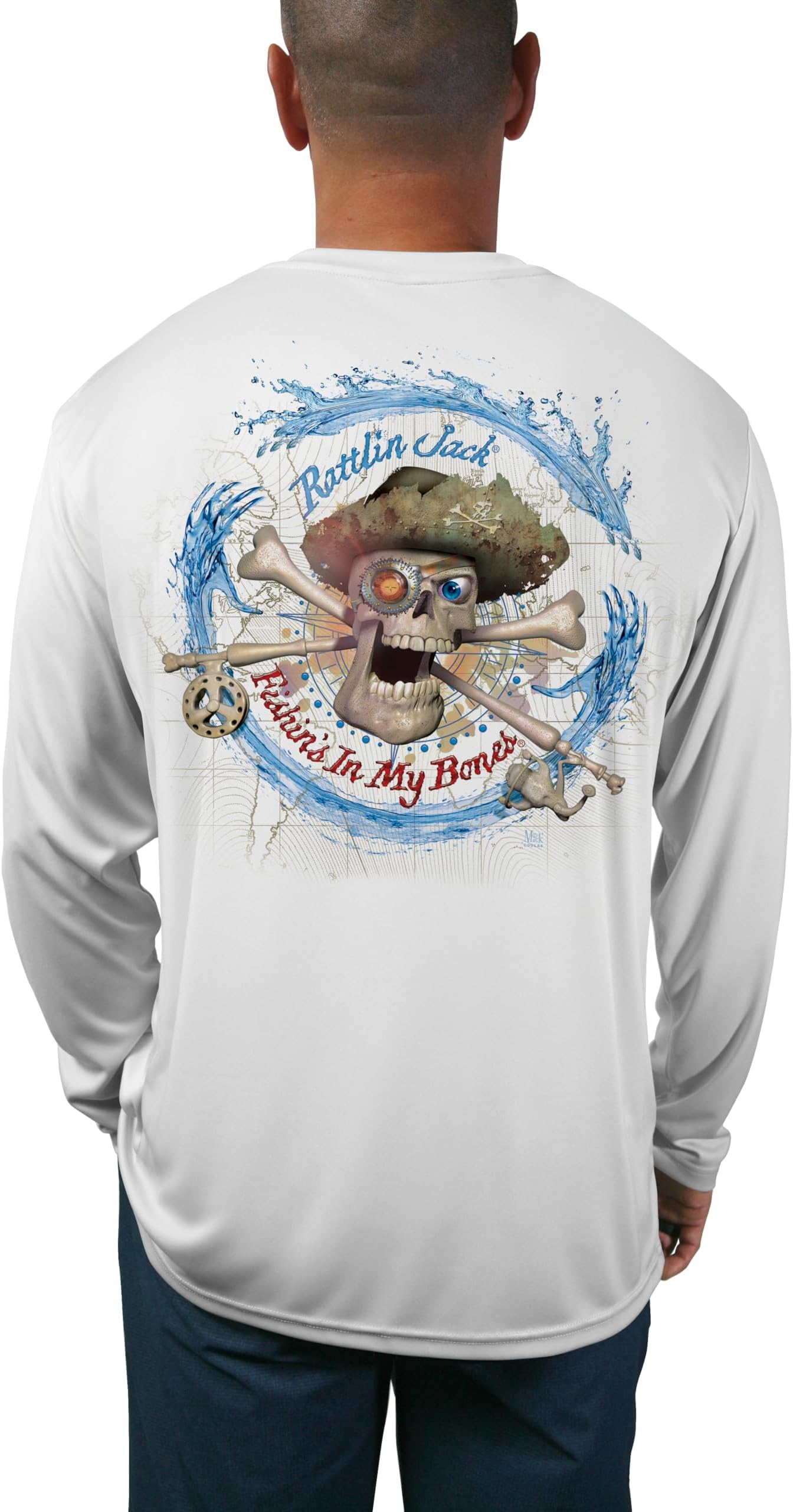 Rattlin JackMen's UPF 50+ Long Sleeve Skull Compass Fishing Shirt