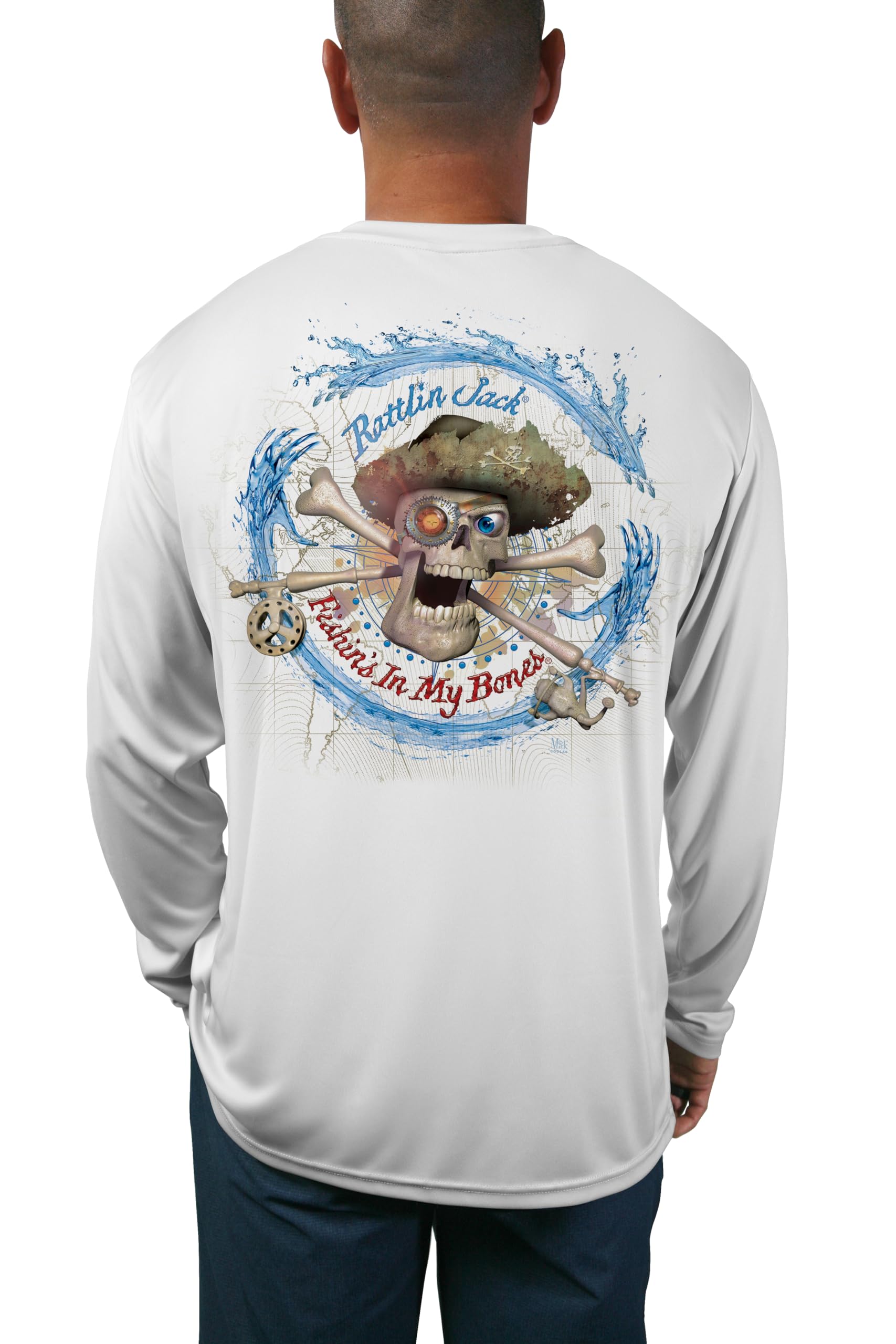 Rattlin JackMen's UPF 50+ Long Sleeve Skull Compass Fishing Shirt