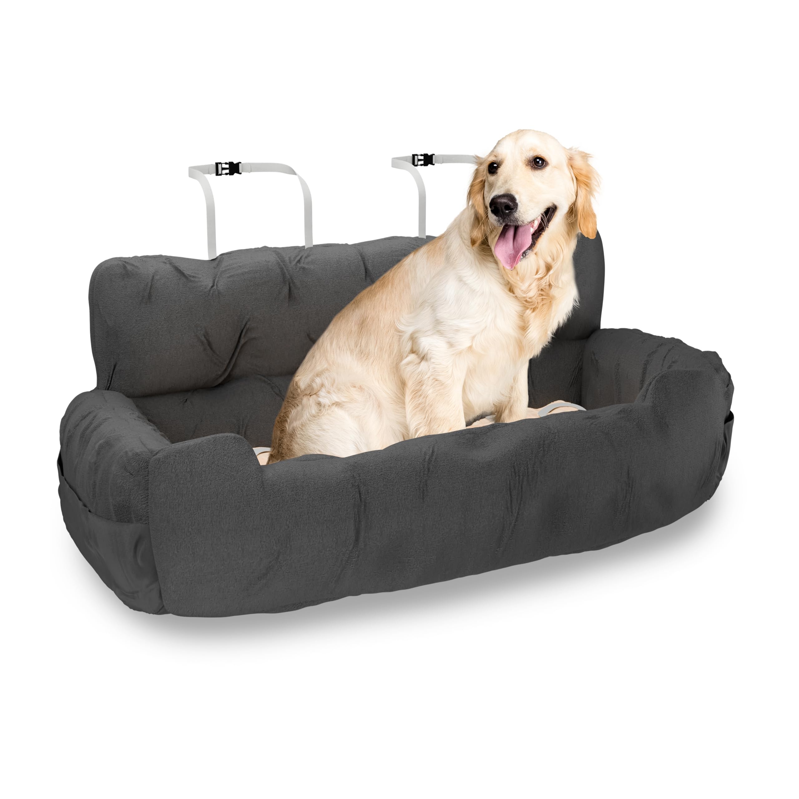 Neatki Dog Car Seat, Pet Booster Seat, Adjustable Straps, 2 Safety Leashes, Reversible Cushion, Side Pockets, Non-Slip Bottom (Gray, Small to Medium Dogs)