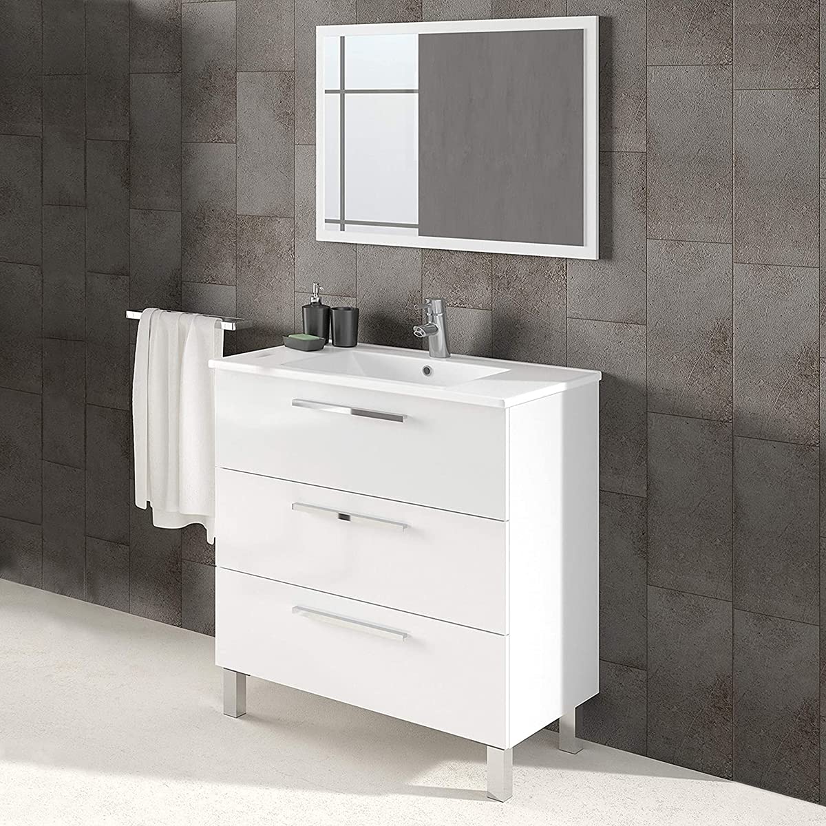 Mueble de Baño o Aseo con Patas, 3 Cajones y Espejo, Acabado en Blanco Brillo - Dim: 80 cm (Ancho) x 86 cm (Alto) x 45 cm (Fondo)