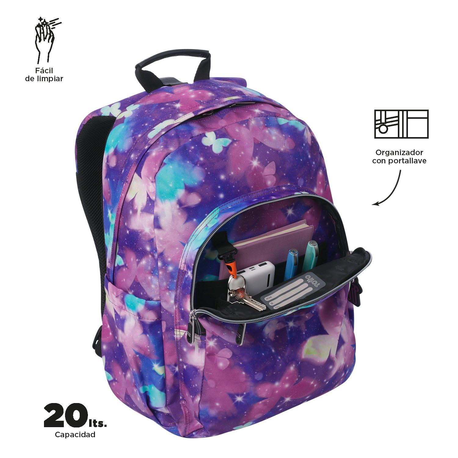 TOTTO - Mochila Escolar Adaptable a Carro, Modelo Acuareles, Capacidad 20 L, Bolsillo Pc 14", 2 Bolsillo Botella, Espaldar Ergonómico con Flujo de Aire, Correas en S, Estampado Star Butterfly Glitter
