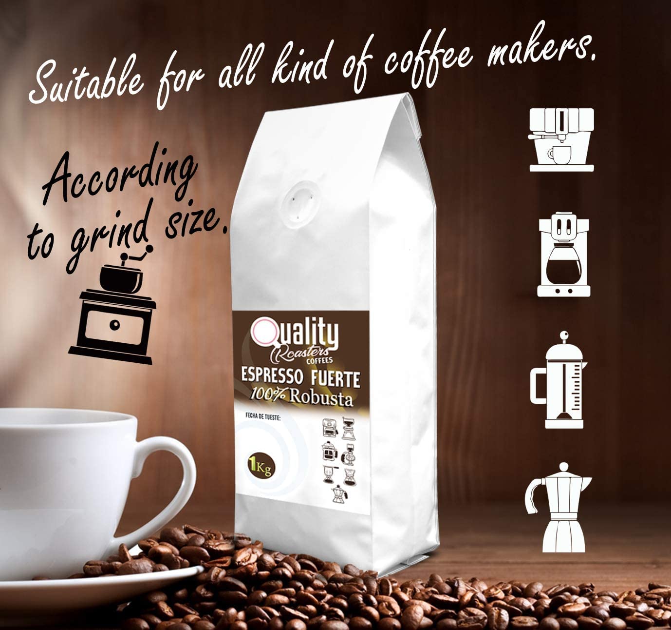 Café en grano natural "Espresso Fuerte". 100% Robusta. Tostado artesanal. Tueste Medio. (2 Kg)