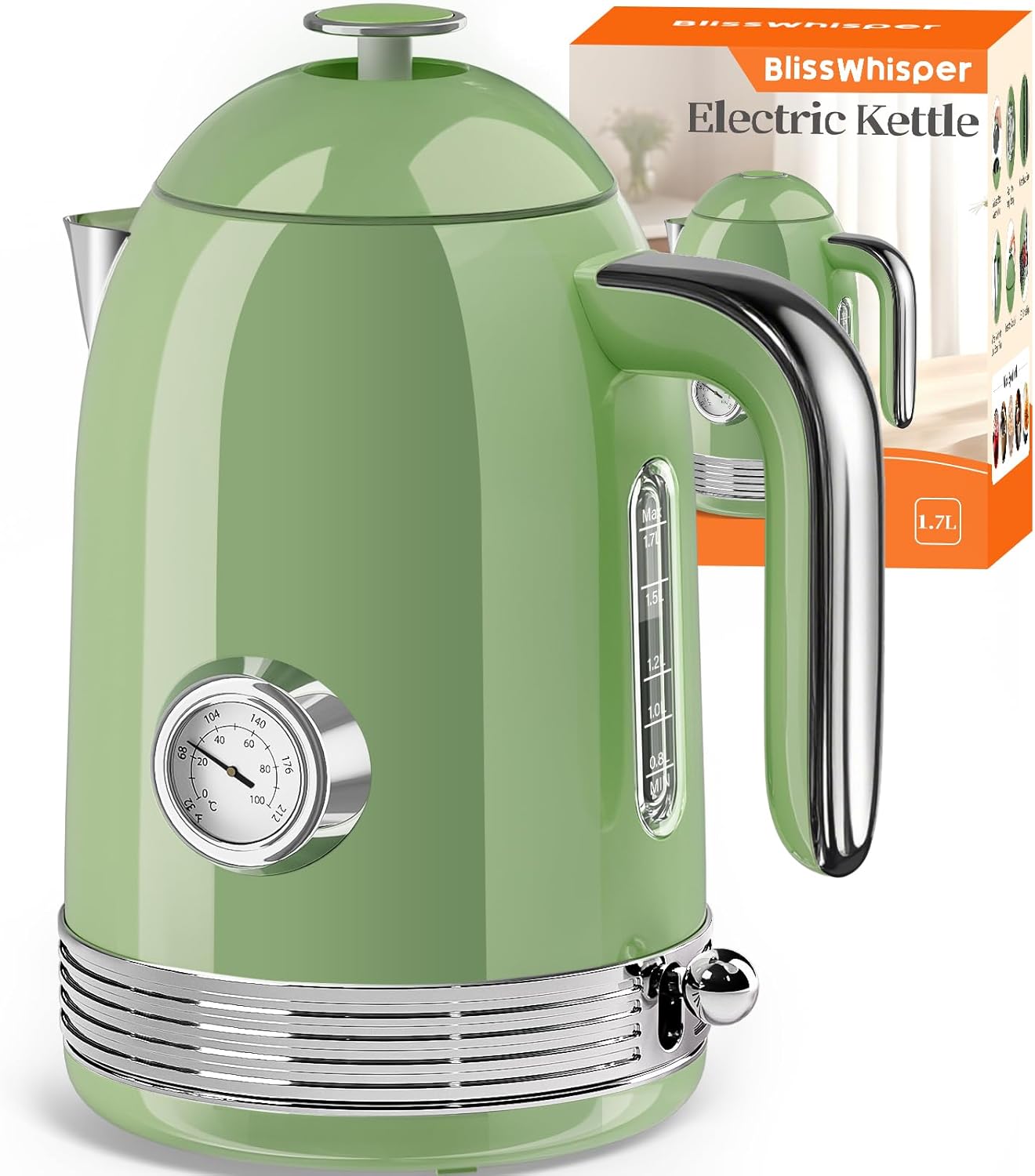 Electric Kettle – 1.7L Hot Tea Water Boiler with Thermometer, 1500W Fast Heating Stainless Steel Pot, Cordless LED Indicator, Auto Shut-Off & Boil Dry Protection, Retro Green