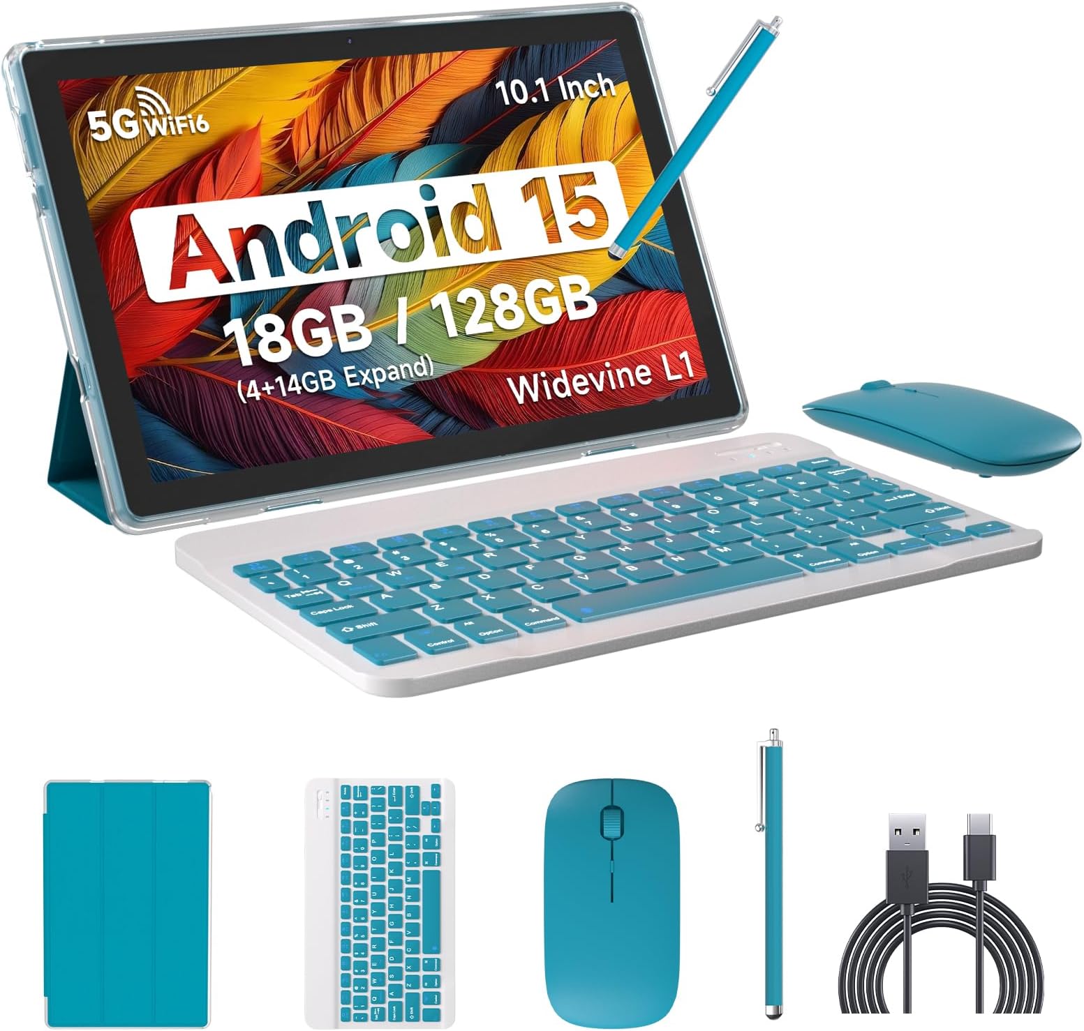 IWEGGO Android 15 Tablet, 10 Inch 18GB RAM+128GB ROM/ 2TB Expandable Tablet, 2.0GHz Quad-core Processor, 1280x800 HD Touchscreen, 5G WiFi6 BT 5.0, 2 in 1 Tablets with Keyboard Case Mouse Stylus, Navy
