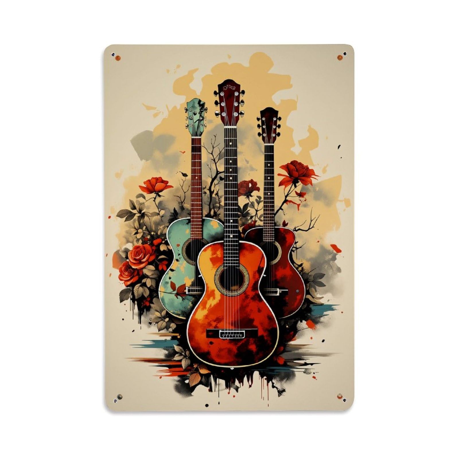 Jdfenggu Vintage Guitars Flowers Artistic Background Design Retro Metal Tin Sign, Decor Art Poster For Bar, Home, Man Cave, Kitchen, Laundry Room Gift 8X12inch
