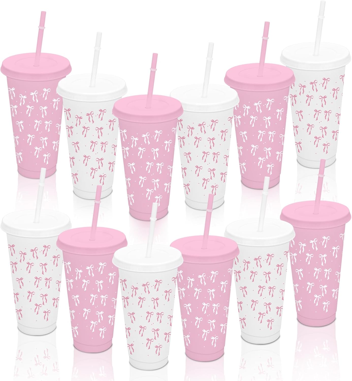 12 Pcs Pink Plastic Cups, 24 oz Pink Bow Cups with Straws and Lids for Wedding Baby Shower Birthday Party Decorations Favors Home Office Party Supplies
