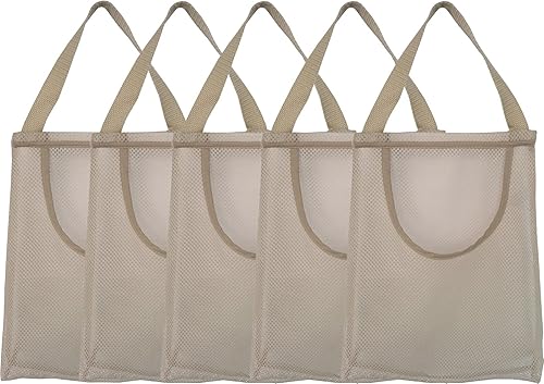 Miniatura 7 de Paquete de 5 bolsas de malla colgantes de cebolla, bolsas reutilizables de almacenamiento de red para productos (bolsillo abierto portátil, beige)
