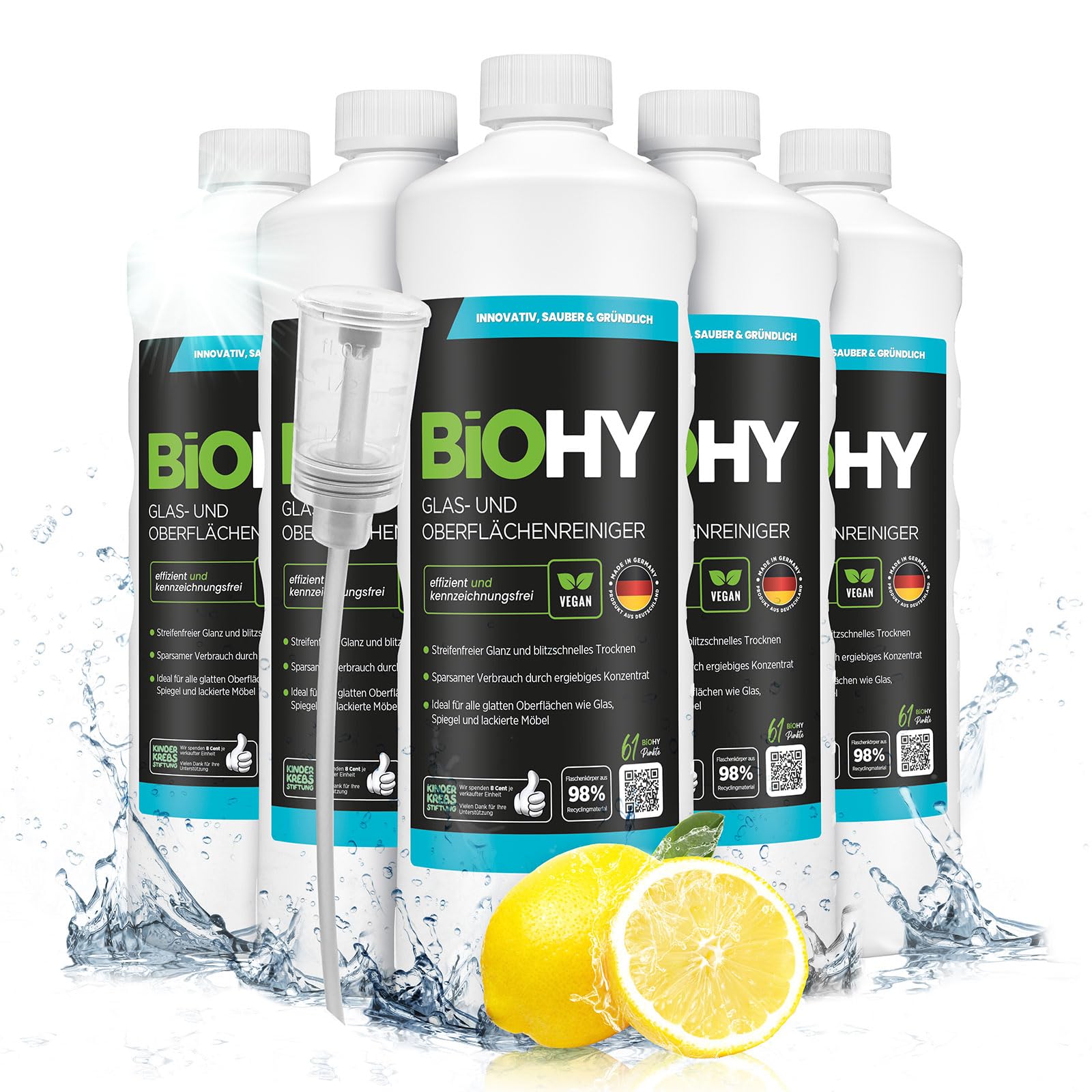 BiOHY Limpia cristales y superficies (6 botellas de 1 litro) + Dosificador | Concentrado para uso de aparatos y suelos duros | Olor agradable y limpieza sin rayas (Oberflächenreiniger)