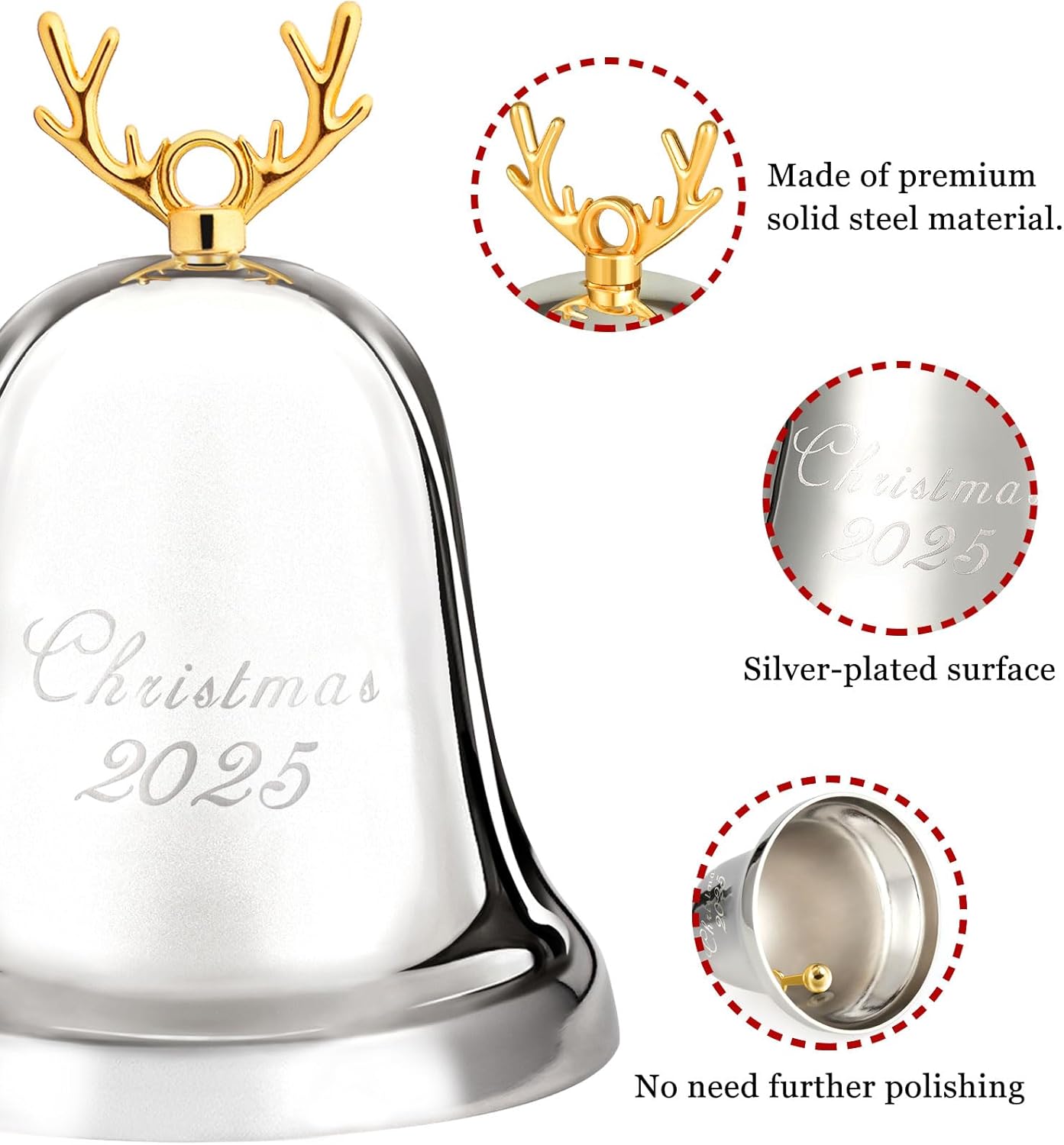 2025 Annual Christmas Bell, Silver Bell Ornaments for Christmas Tree Decorations, Holiday Bell Jingle Bell for Anniversary with Ribbon & Gift Box - Image 4
