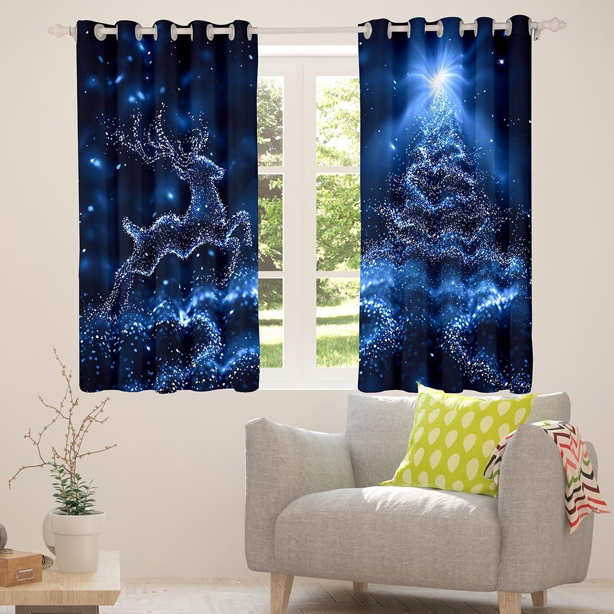 Castle Fairy Christmas Tree Window Curtains,Glowing Reindeer Curtain, Window Drapes for Kid Teens Boys Young Man,Modern Bedroom Decorative,Blue Glitter Curtain,84Wx84L