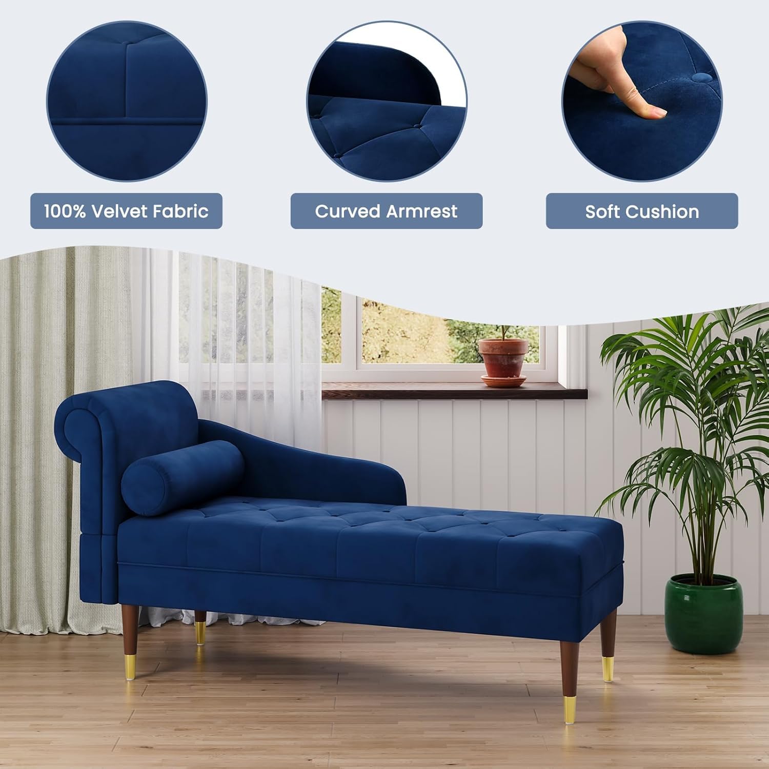 Vesgantti Velvet Chaiselongue, Indoor Lounge Sofa mit linker Armlehne und Lendenkissen, Recamiere für Wohnzimmer, Schlafzimmer und Büro, Samt Loungesessel 149.5 x 54 x 76CM