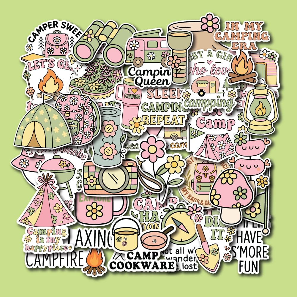 Groovy Naklejki kempingowe – wodoodporne winylowe pastelowe naklejki kempingowe – estetyczne naklejki na namiot turystyczny na butelkę z wodą, pamiętnik, album do scrapbookingu, chłodziarki.