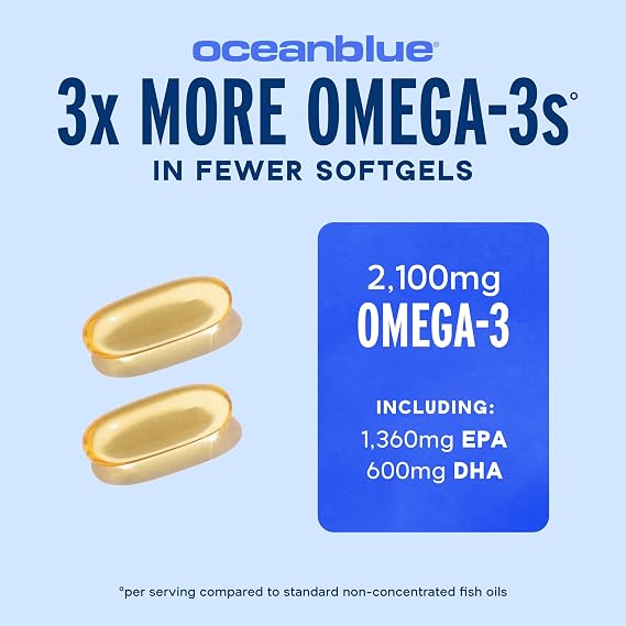 Oceanblue Professional Omega-3 2100 180 ct Triple Strength Burpless Fish Oil Supplement with High-Potency EPA, DHA, DPA Wild-Caught Orange Flavor (90 Servings)