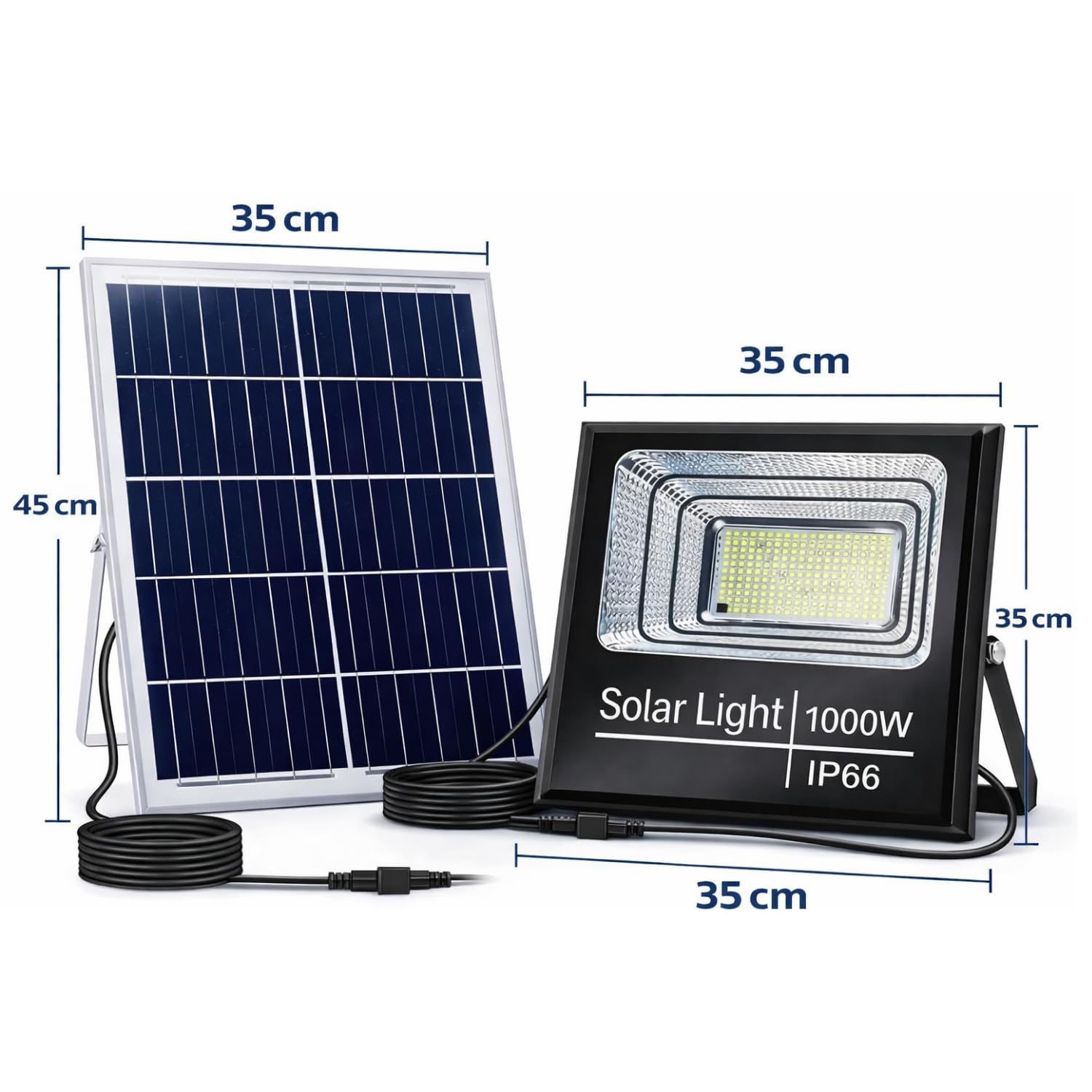 Faro Solare LED 1000W con Pannello Solare, Luce Esterno 6500K Ultra Potente, Sensore Crepuscolare Automatico, Telecomando, IP67 Impermeabile, Faretto da Esterno per Giardino, Cortile, Strada.
