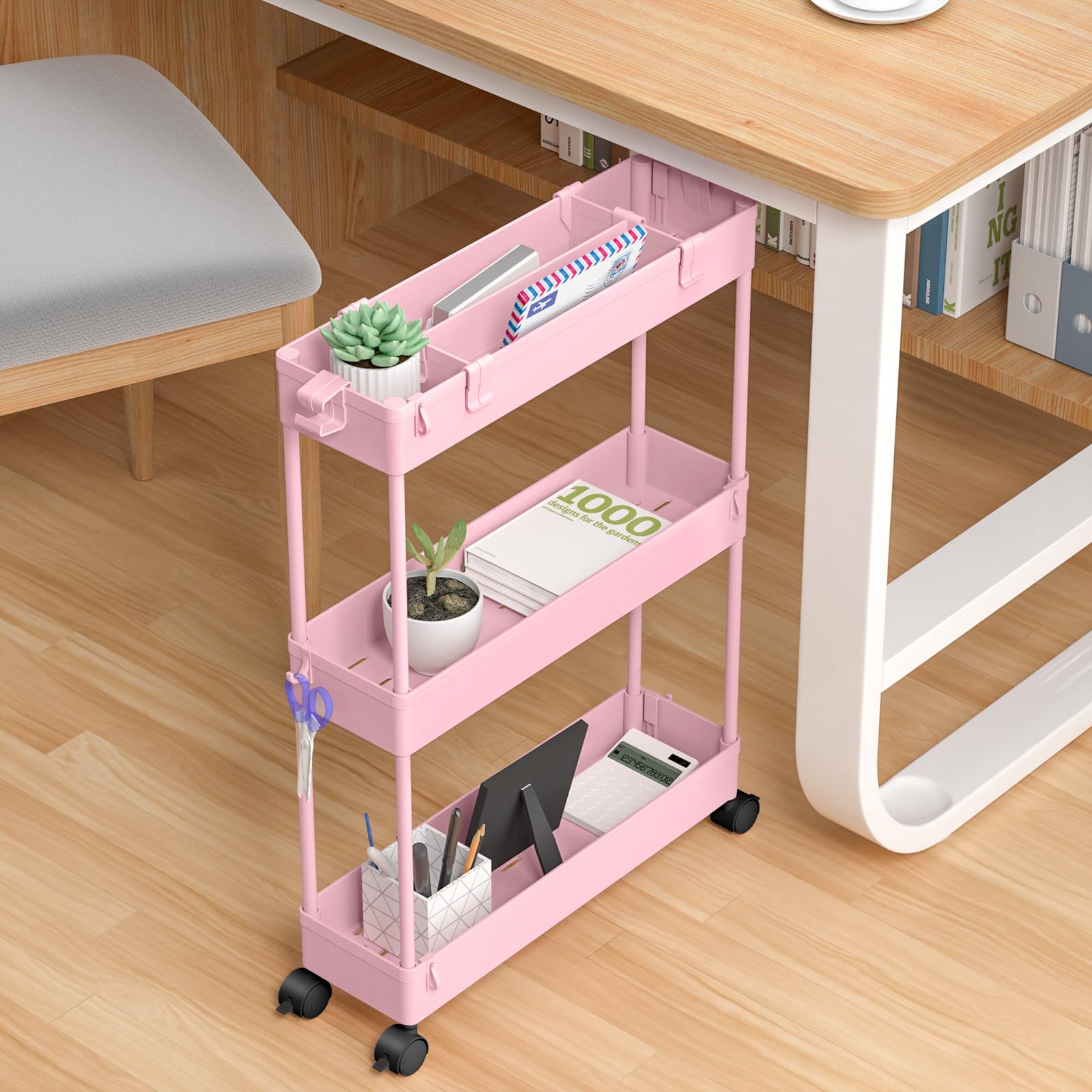 SPACEKEEPER Rollwagen mit 3 Ebenen, Küchenwagen, Nichenregal auf Rollen, Allzweckwagen mit 6 Haken und 2 Behälter, Rosa