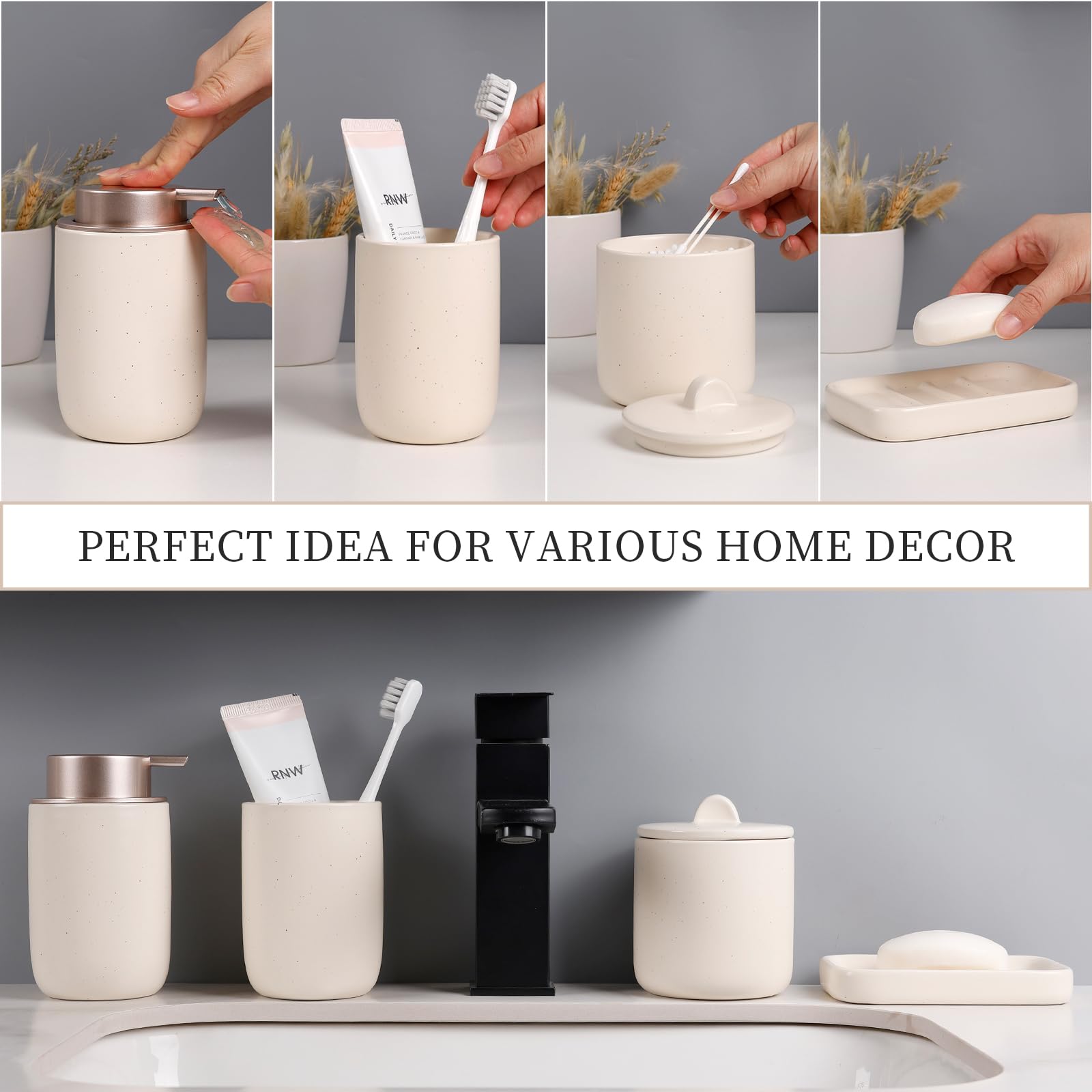 BosilunLife Set di 4 accessori da bagno in ceramica – Set di sapone da bagno, dispenser per schiuma, portasapone, portaspazzolino/bicchiere, barattolo per cotton fioc (beige tascabile, schiuma)