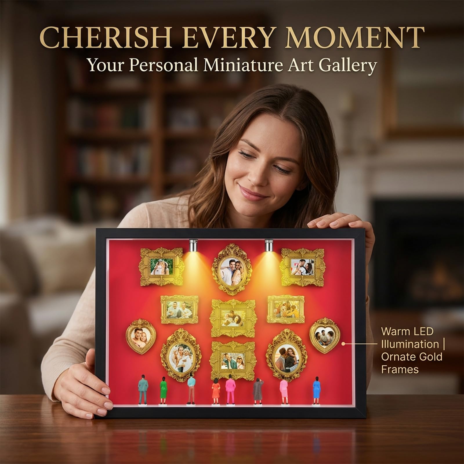 Pipihome DIY Mini Museum Bilderrahmen, Mini Figuren Menschen Museum Silhouette Box mit LED Licht & Golden Rahmen, Miniatur Menschen Bilderrahmen für Deko Wohnzimmer Schlafzimmer Jahrestag Hochzeit