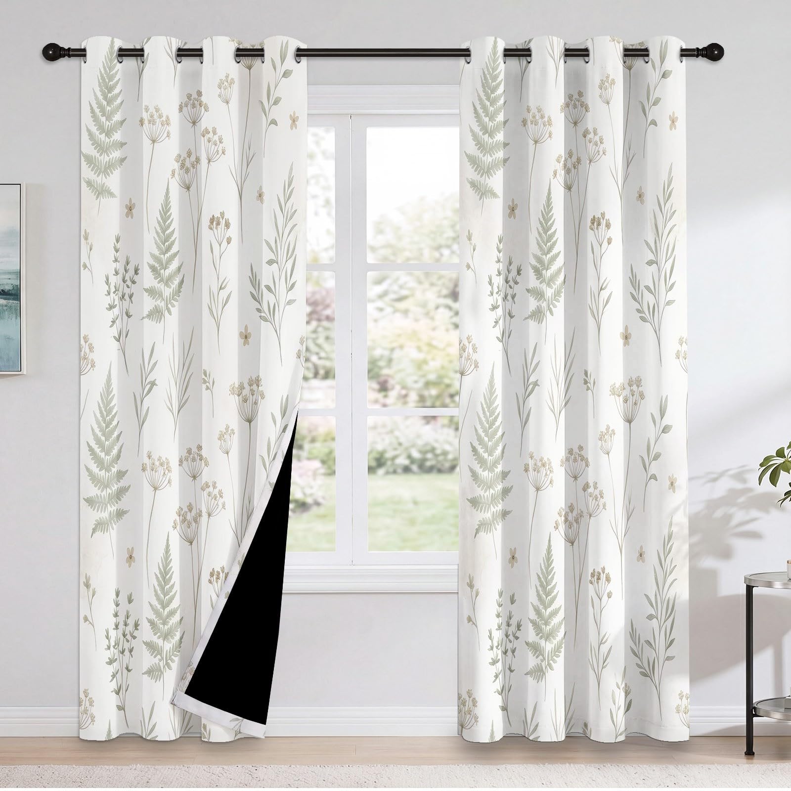 Französisch Landhausstil Verdunkelungsvorhänge, H200 x B70 cm Aquarell Pflanzen Farnblätter Blumen Vorhänge mit Ösen 2er Set für Schlafzimmer, Weiß Raumverdunkelung Fenstervorhänge für Wohnzimmer