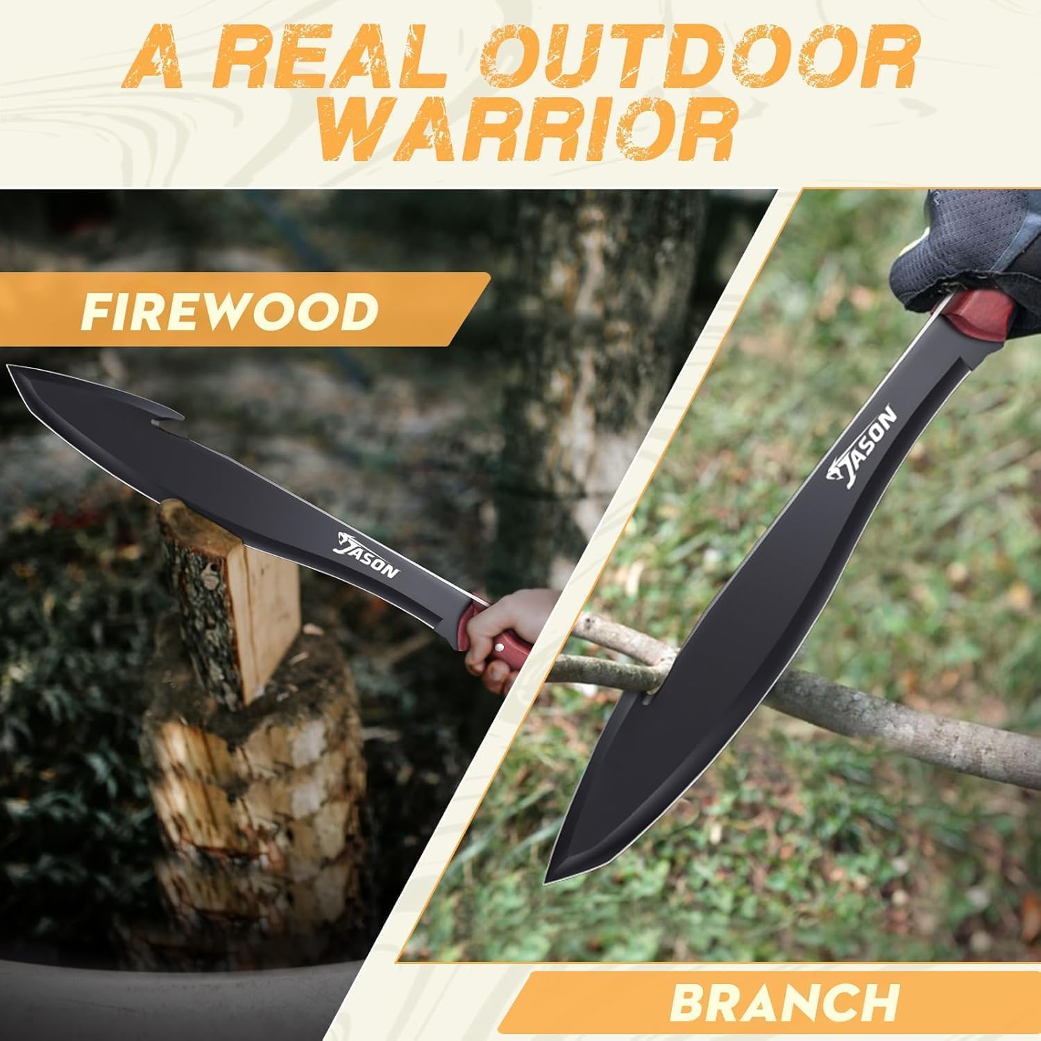 JASON Machete Survival Großes Outdoor Messer Feststehend mit Holzgriff Bushmesser Jagdmesser mit PU Scheide Großes Bushcraft Messer für Outdoor Aktivitäten