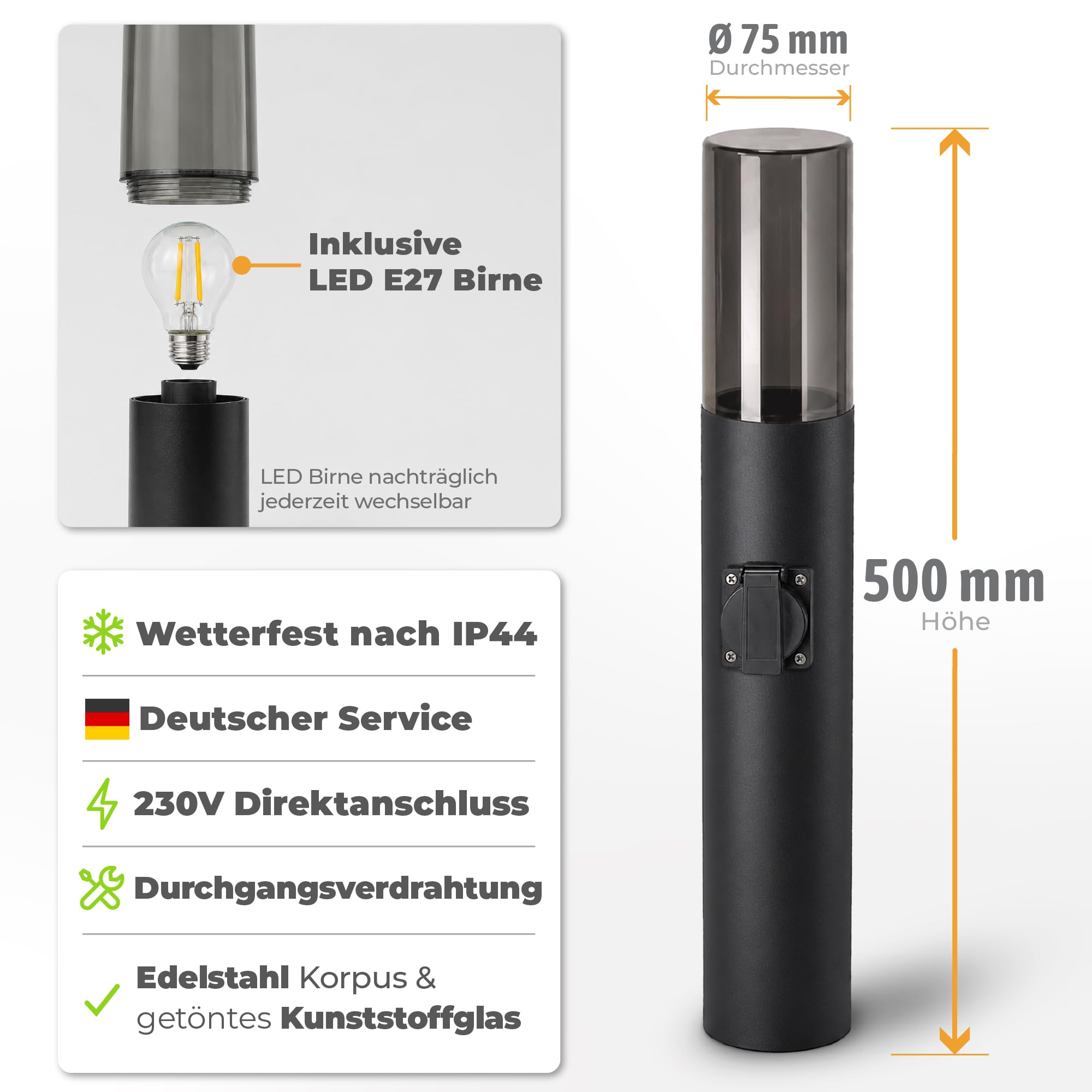SSC-LUXon VARDA Wegeleuchte Außen mit Steckdose inkl. LED E27 Glühbirne warmweiß 4W - Energiesäule Stromsäule mit Licht IP44 230V