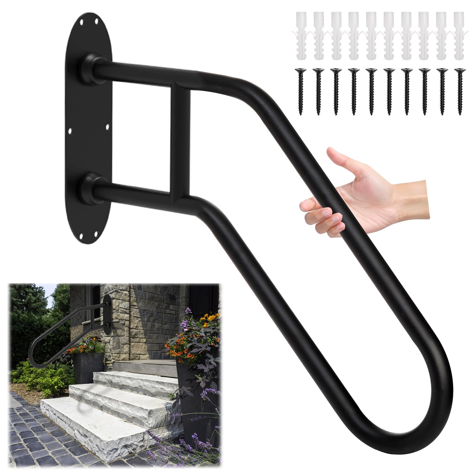 23" Hand Rails for Outdoor Steps, Wall Mount U-Shaped Stair Railing, Heavy-Duty Staircase Handrails for 1-3 Step, 1" Dia Pipe Safety Hand Grab Bars for Elderly, Pregnant Women, Disabled