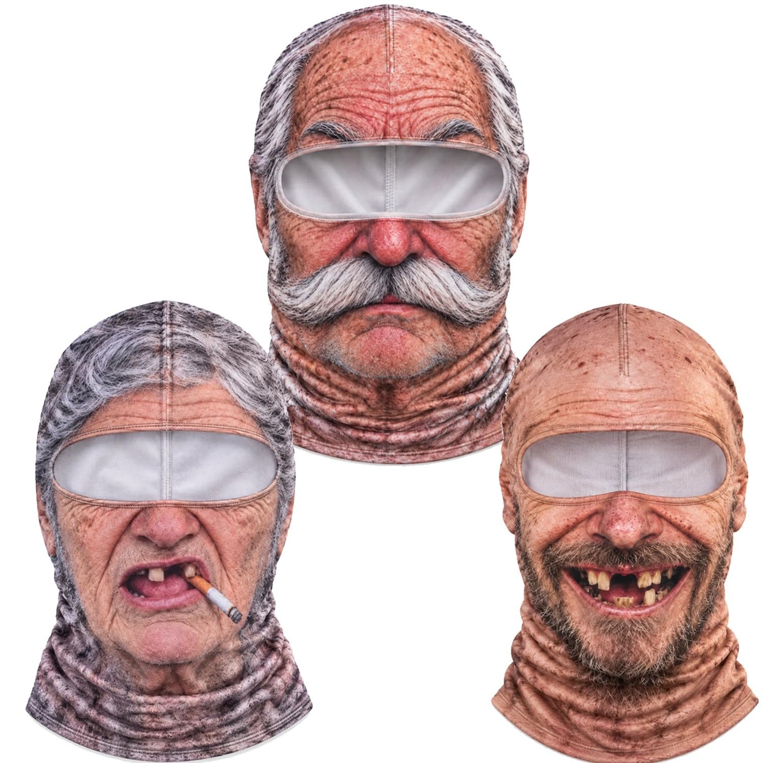 Old Man Ski Mask Funny Realistic Face Balaclava 3D Printed Full Face Winter One Size 3 Styles Set
