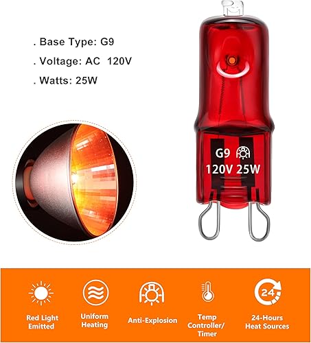 Miniatura 2 de Lámpara de calor para reptiles, bombilla G9, 25 W, 120 V, 2 pines, paquete de 3 unidades, bombilla de repuesto regulable color rojo cálido