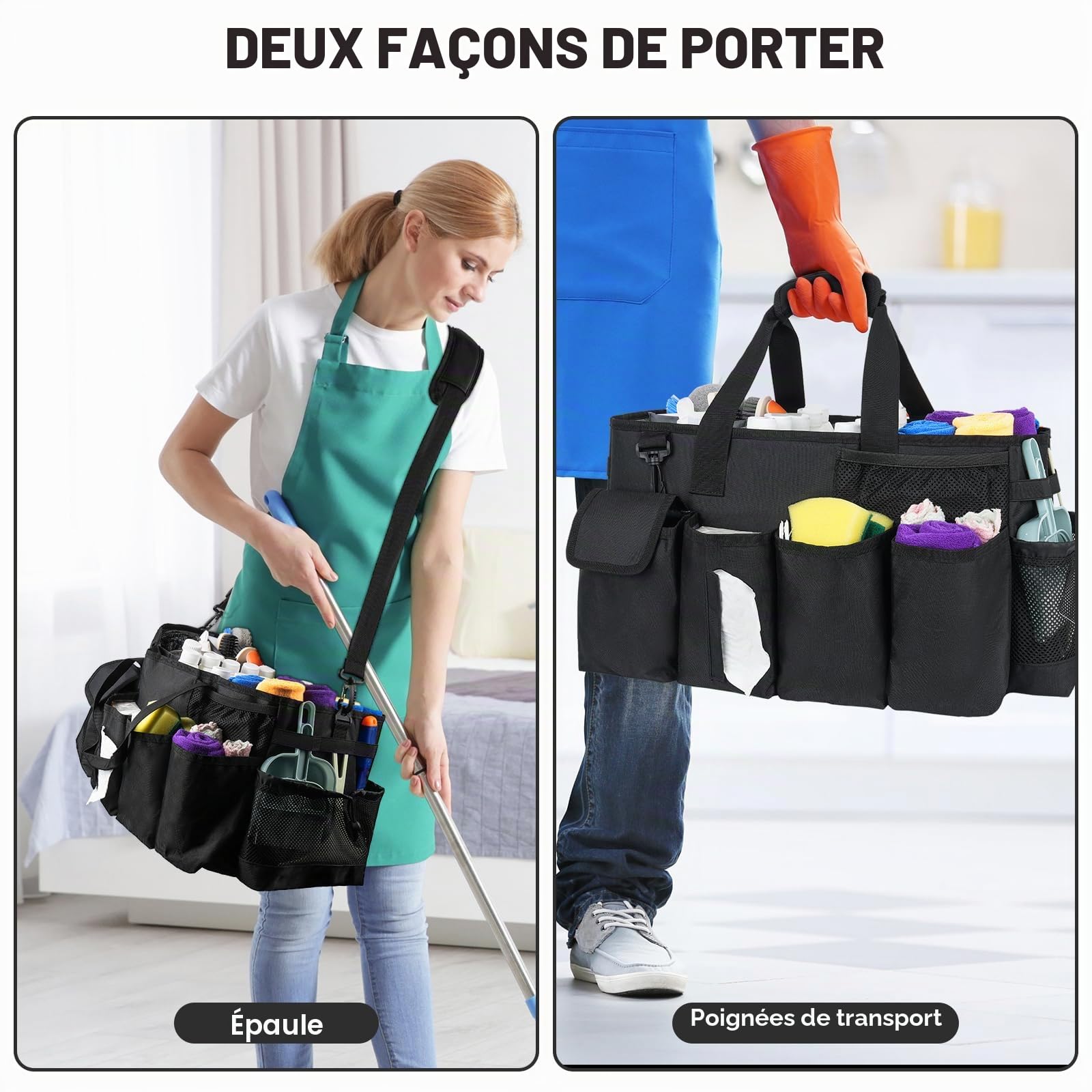 Sac de Nettoyage Portable,XL Organiseur de Fournitures de Nettoyage avec poignée,Bretelles et séparation Amovible,Organiseur d'outils de Nettoyage pour Nettoyeurs et Femmes de Ménage (Noir)