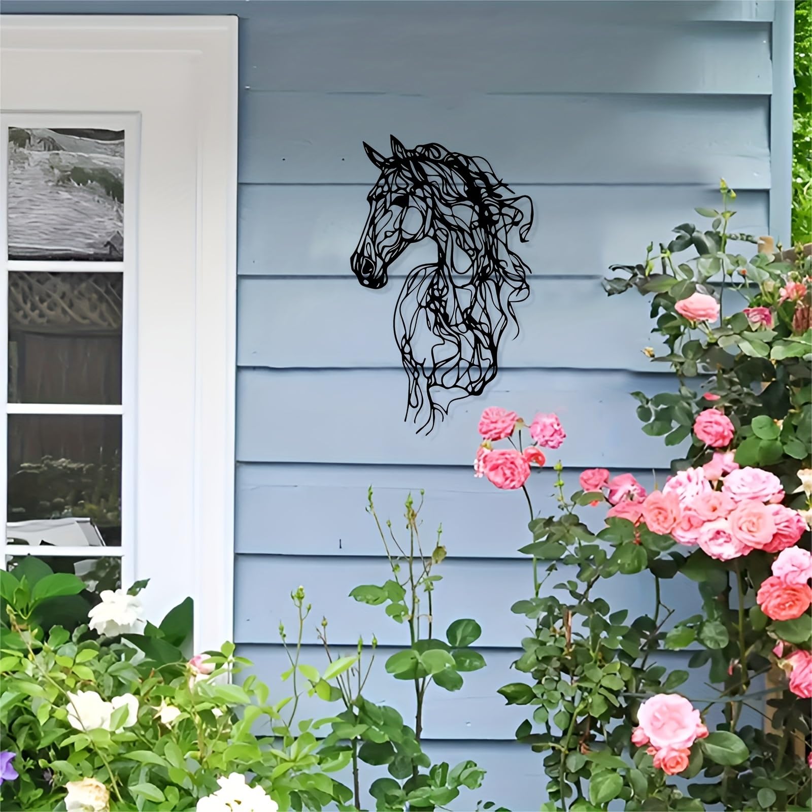 Decoración de pared abstracta contemporánea de metal con forma de caballo: escultura moderna de hierro con diseño, para interiores y exteriores, ideal para jardín, sala de estar, oficina o Navida