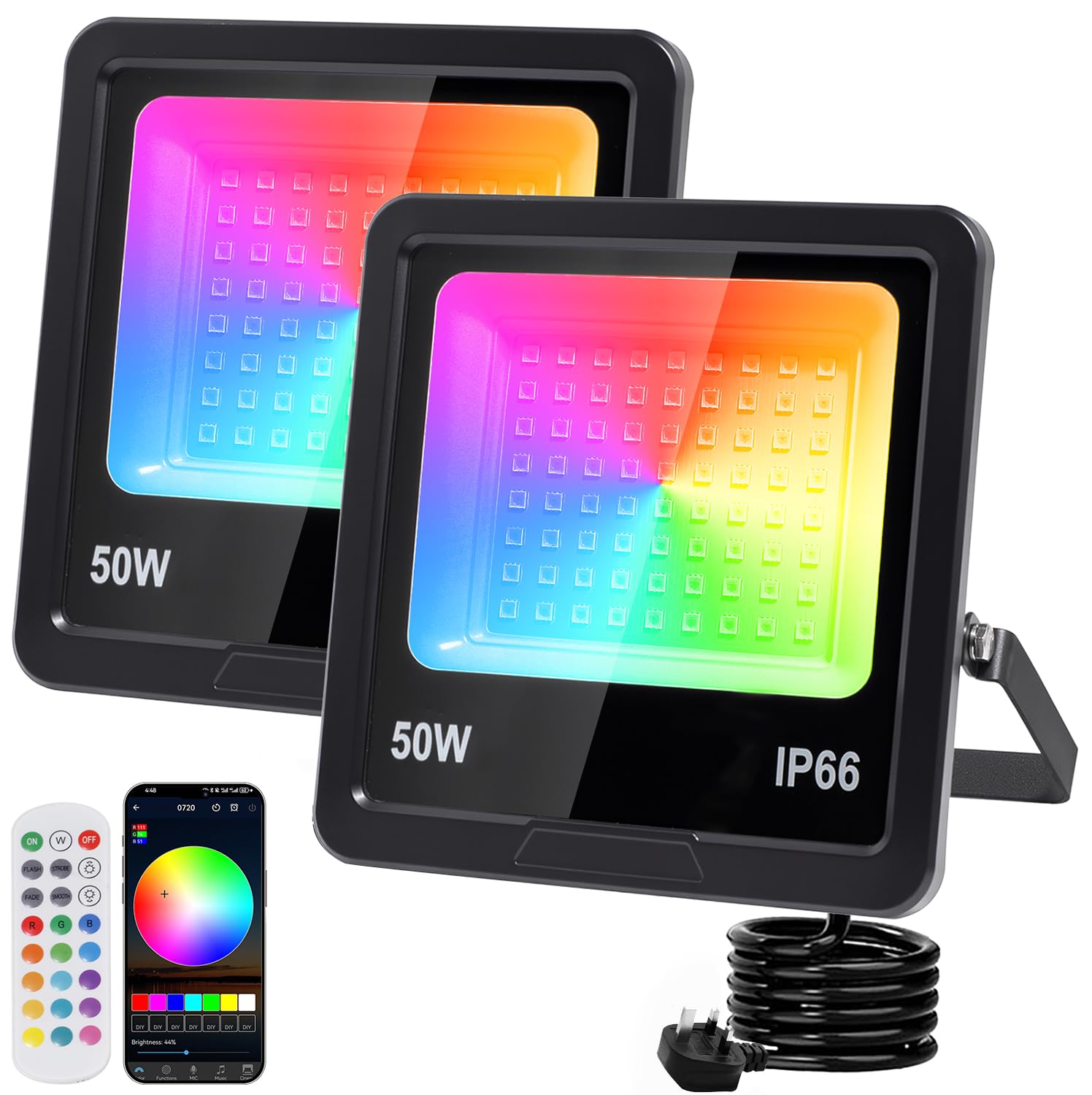 Indmird RGB Flood Lights Outdoor 50W, 2Pack Dimmable Smart LED Floodlights with 360° Remote & APP Control, IP66 Waterproof Colour Changing Stage Lights for Party Halloween Christmas Garden