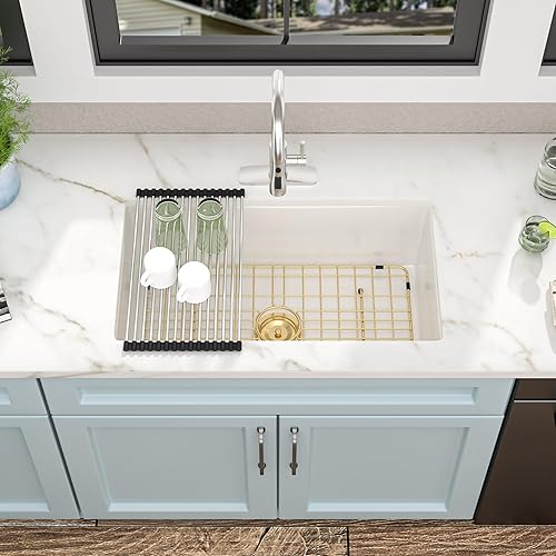 30"x18" White Undermount Kitchen Sink - High-Gloss Fireclay Ceramic Porcelain Dual Mount Single Bowl Drop In Top Mount & Under Counter Sink Basin