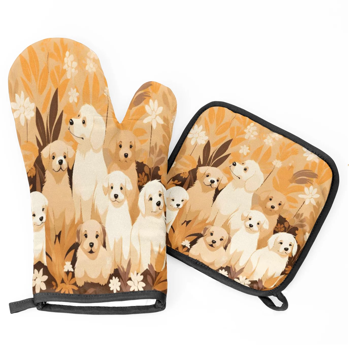 Cute Dogs Flowers Oven Mitts Kitchen Oven Gloves for Cooking Baking Heat Proof Lining Cotton Kitchen Potholder Mittens Pot Holders Hot Pads for Chef Women Men