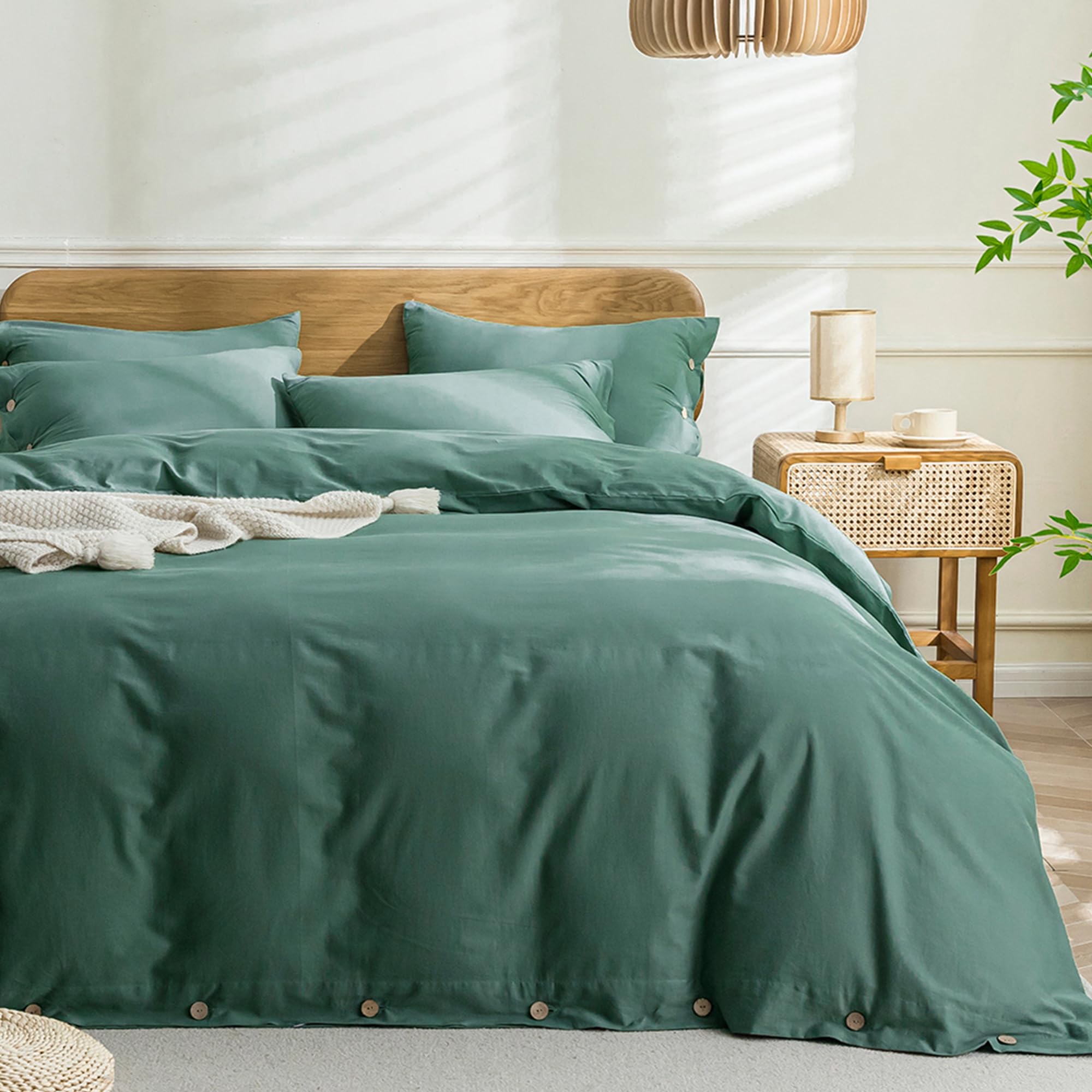 JELLYMONI Cotton Duvet Cover Queen Size - Dark Green Comforter Cover with Button 100% Washed Cotton 3PCS Breathable Soft Solid Bedding Set Duvet Cover 90×90in &amp; 2 Pillowcases (NO Comforter)