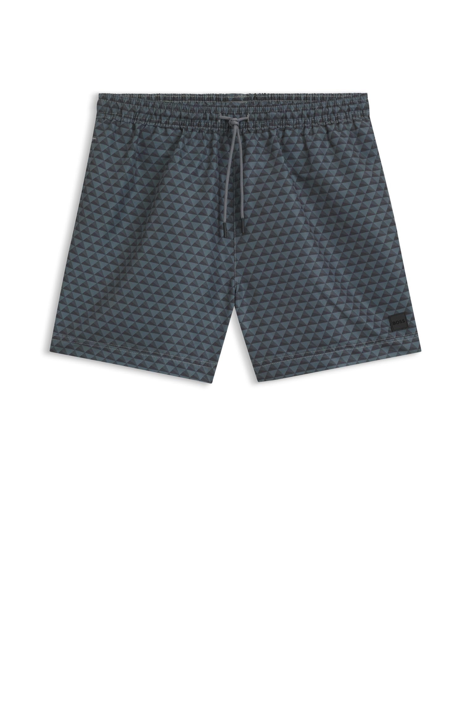 Boss Men's Open Grey062 Vibe Seasonal-Pattern Swim Shorts With Logo Label